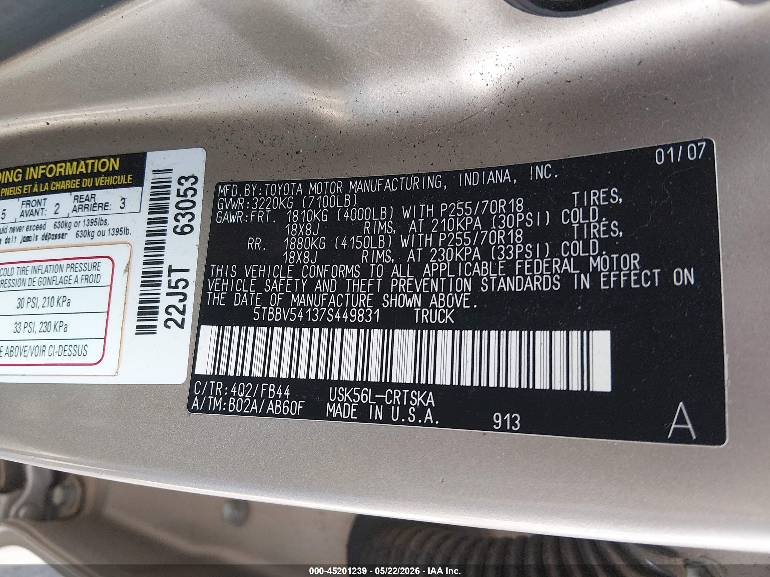 2007 Toyota Tundra Sr5 5.7l V8 Tan vin: 5TBBV54137S449831
