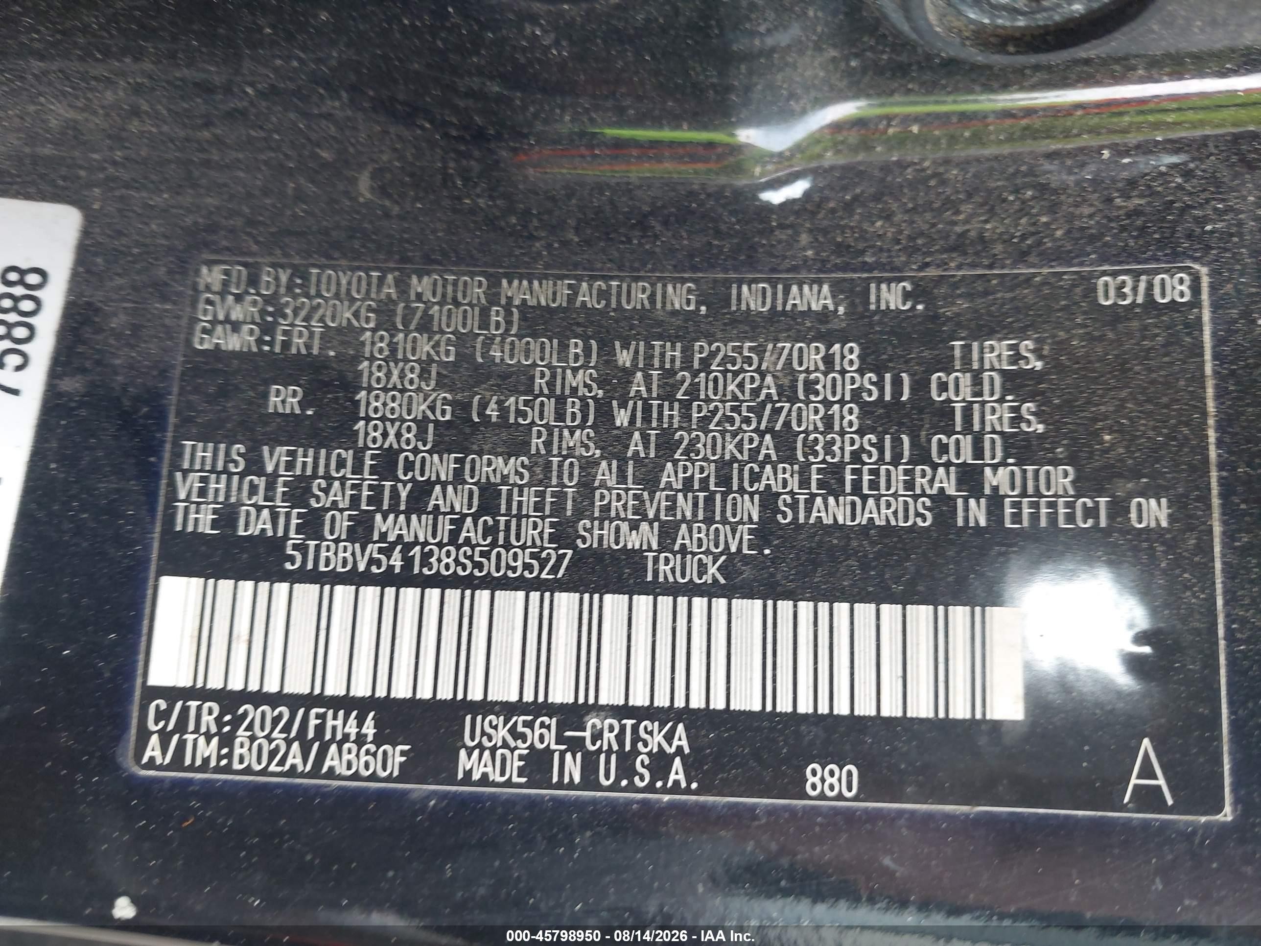 2008 Toyota Tundra Base 5.7l V8 Black vin: 5TBBV54138S509527