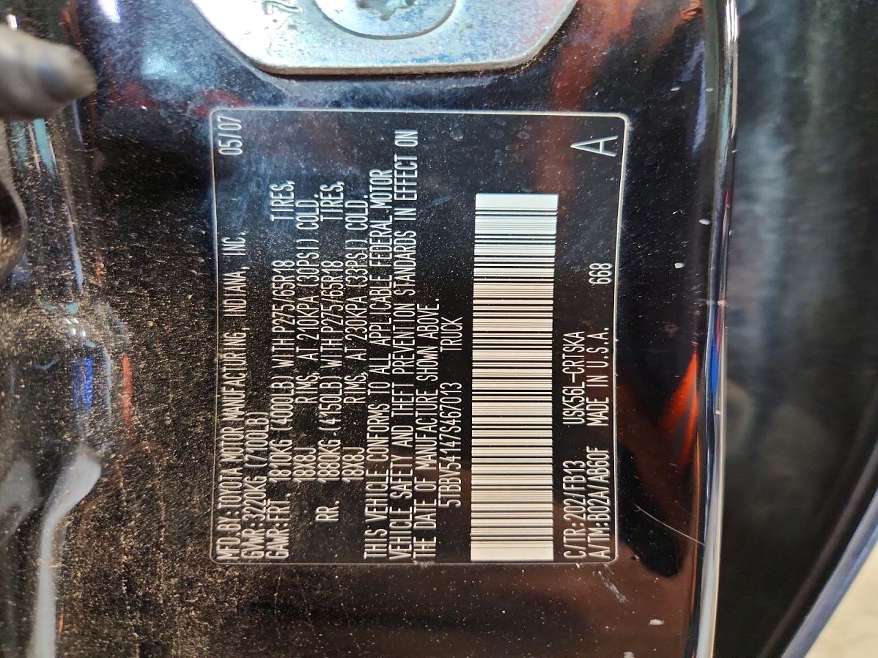 2007 Toyota Tundra Double Cab Sr5 Черный vin: 5TBBV54147S467013