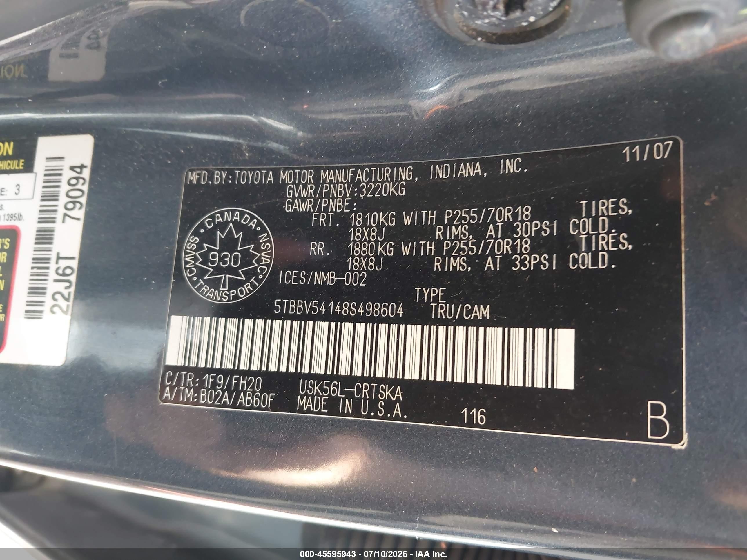 2008 Toyota Tundra Sr5 5.7l V8 Gray vin: 5TBBV54148S498604