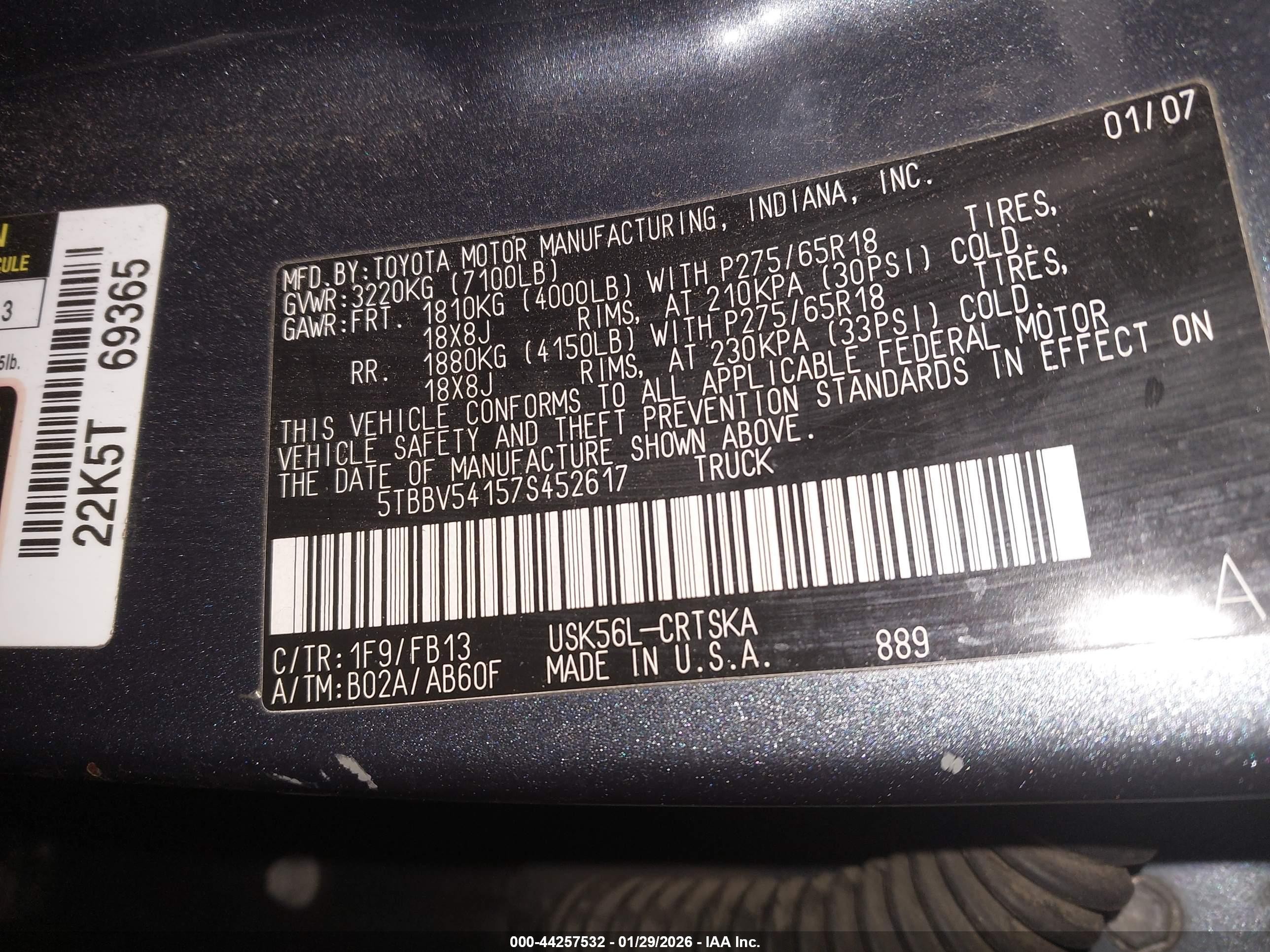 2007 Toyota Tundra Sr5 5.7l V8 Gray vin: 5TBBV54157S452617