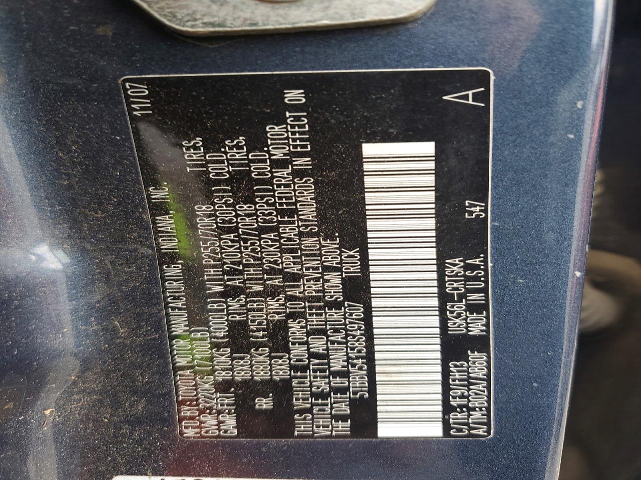 2008 Toyota Tundra Grade Gray vin: 5TBBV54158S497607
