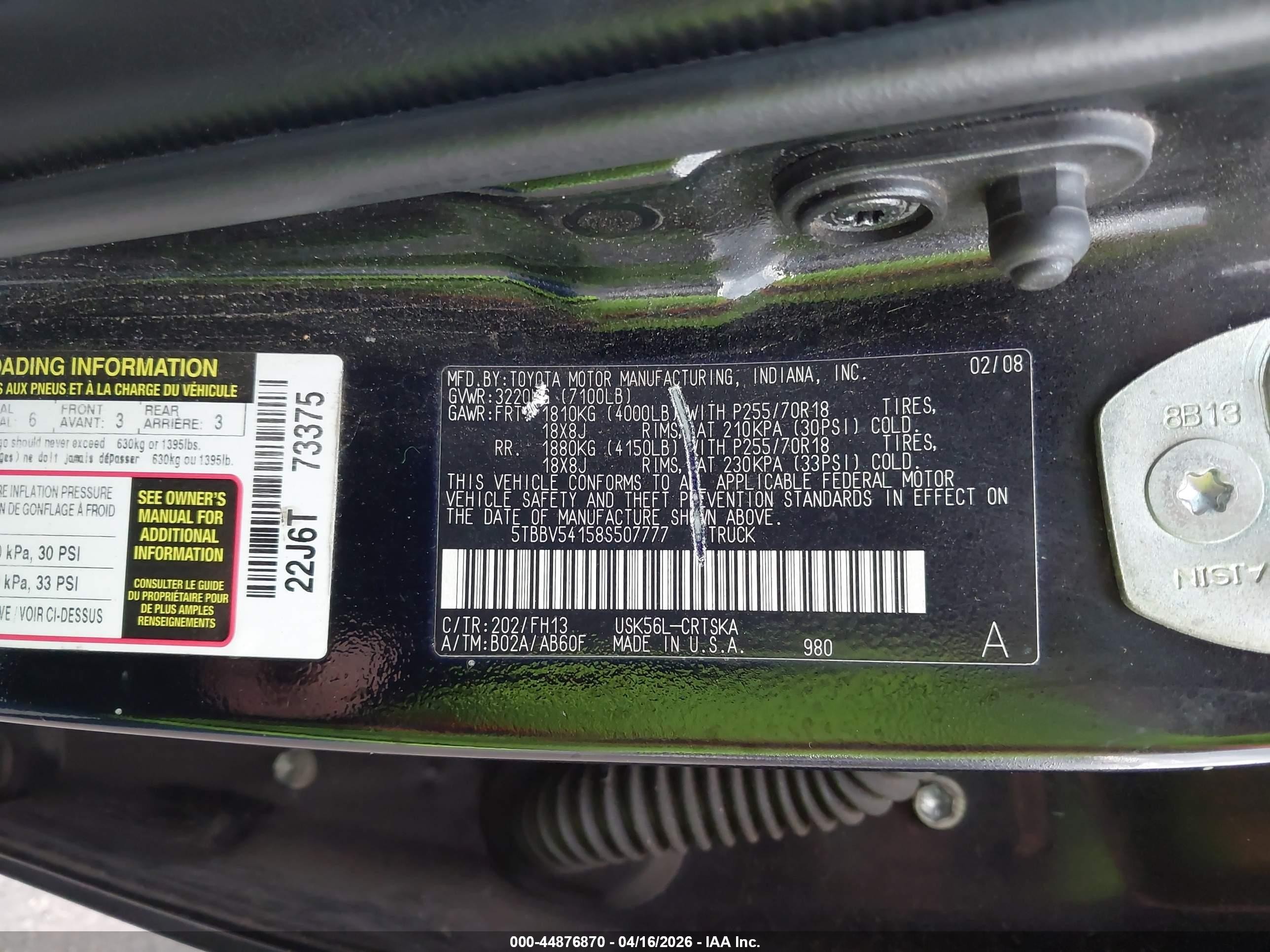 2008 Toyota Tundra Base 5.7l V8 Black vin: 5TBBV54158S507777