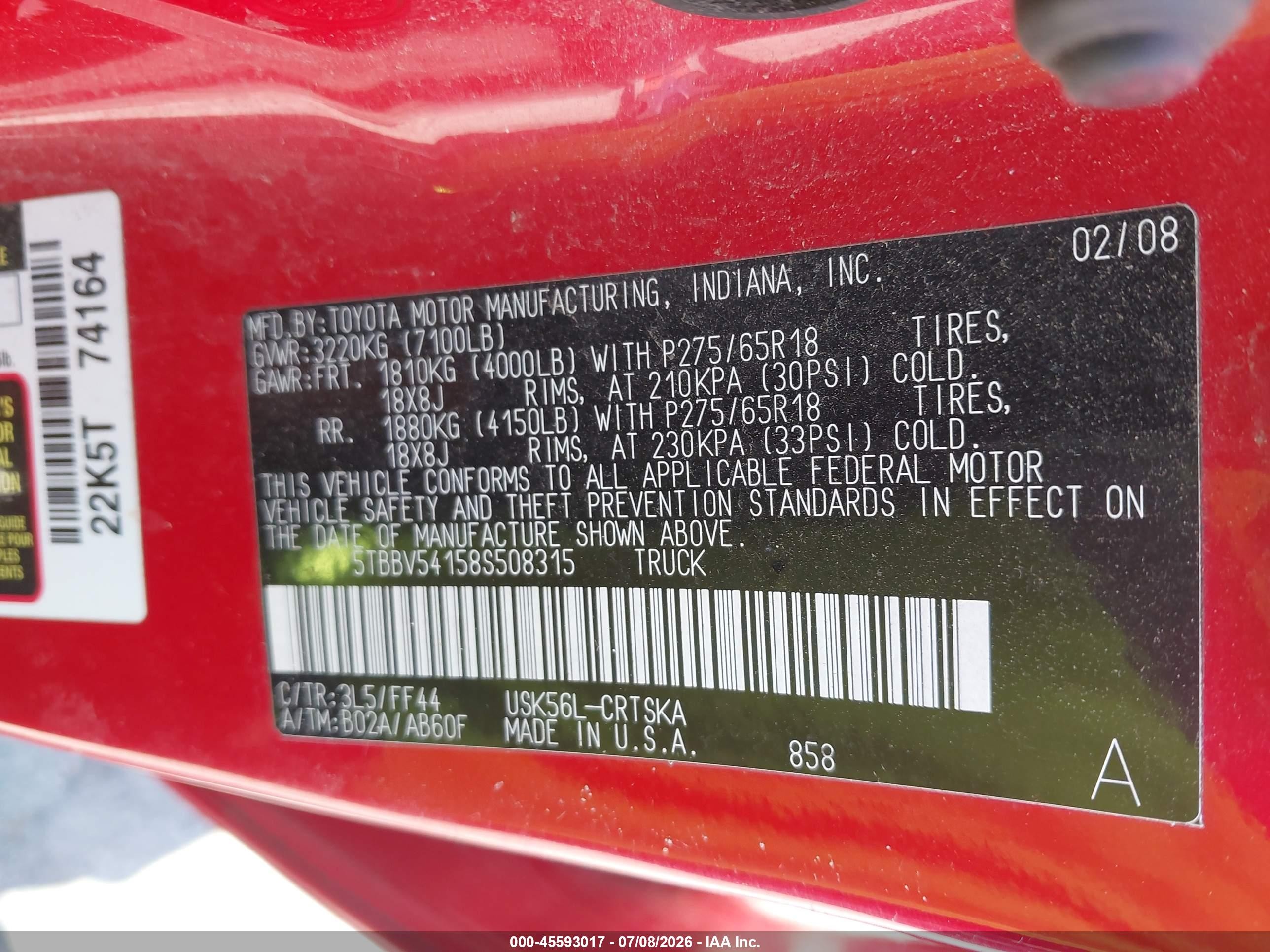 2008 Toyota Tundra Sr5 5.7l V8 Red vin: 5TBBV54158S508315