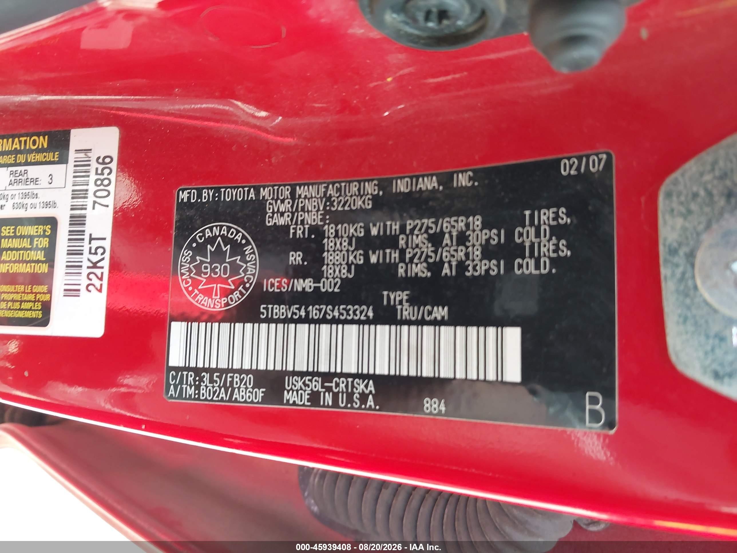 2007 Toyota Tundra Sr5 5.7l V8 Red vin: 5TBBV54167S453324
