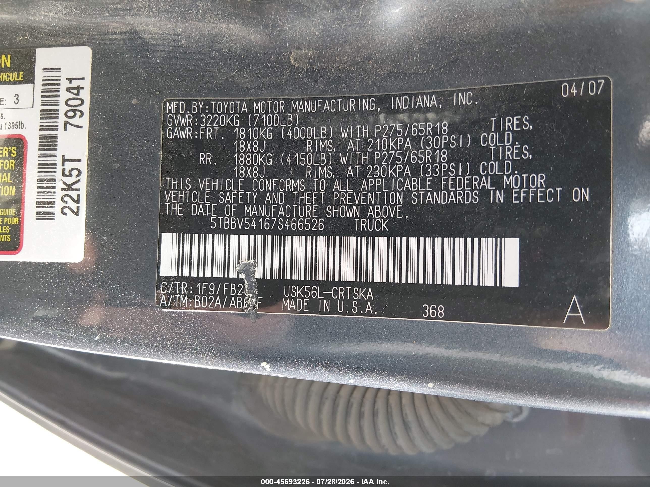 2007 Toyota Tundra Sr5 5.7l V8 Синий vin: 5TBBV54167S466526