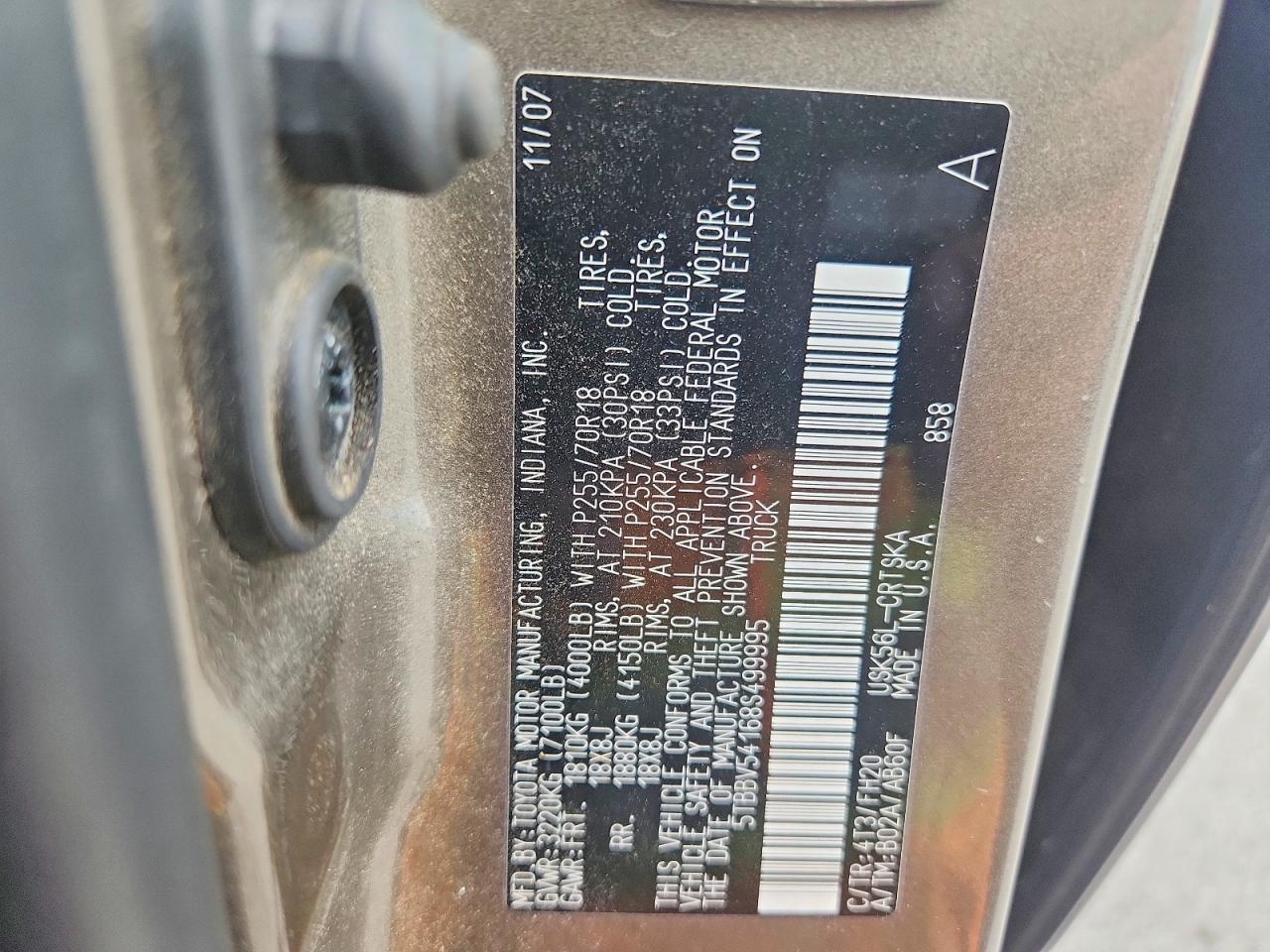 2008 Toyota Tundra Grade Brown vin: 5TBBV54168S499995