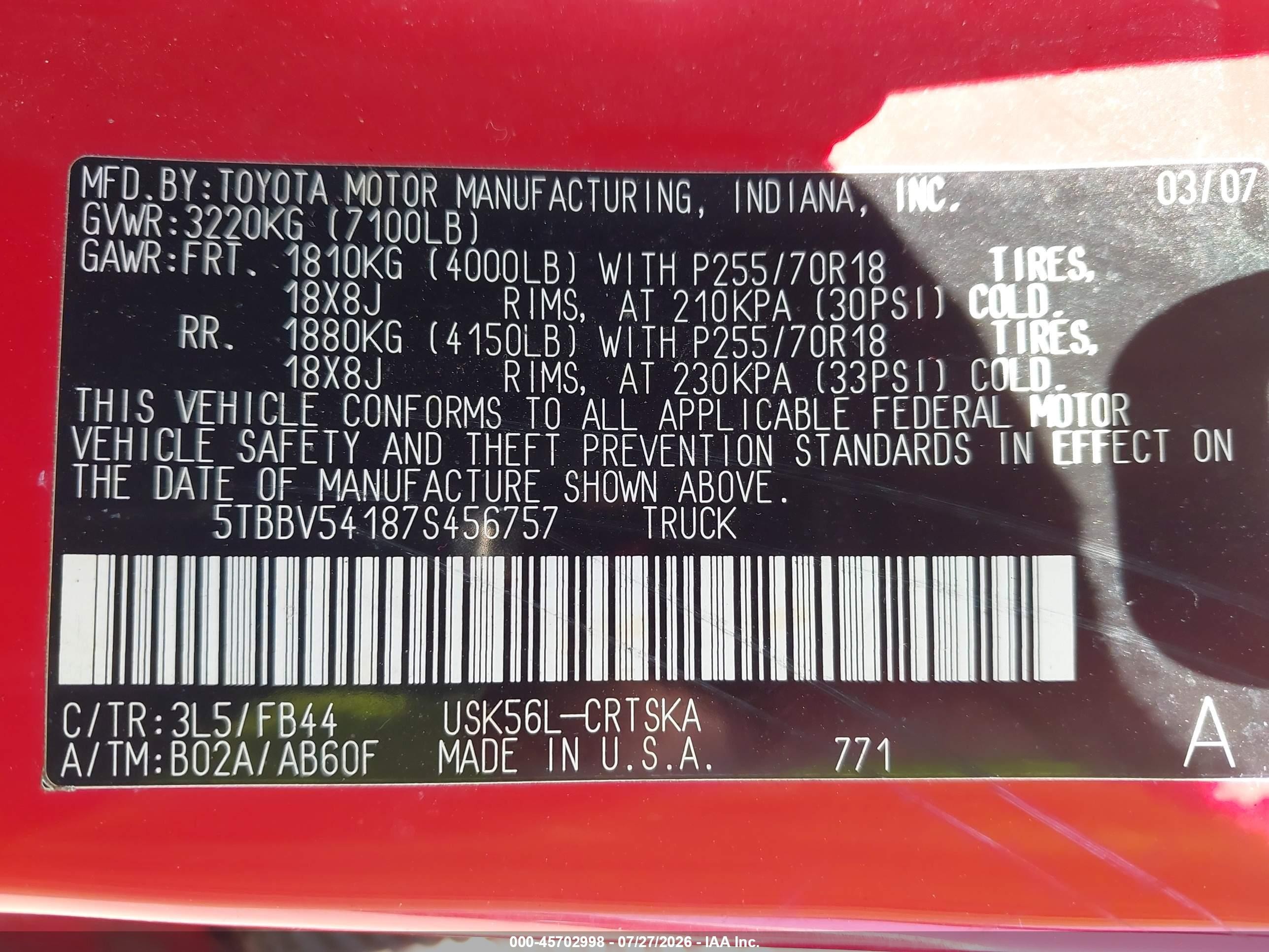 2007 Toyota Tundra Sr5 5.7l V8 Красный vin: 5TBBV54187S456757