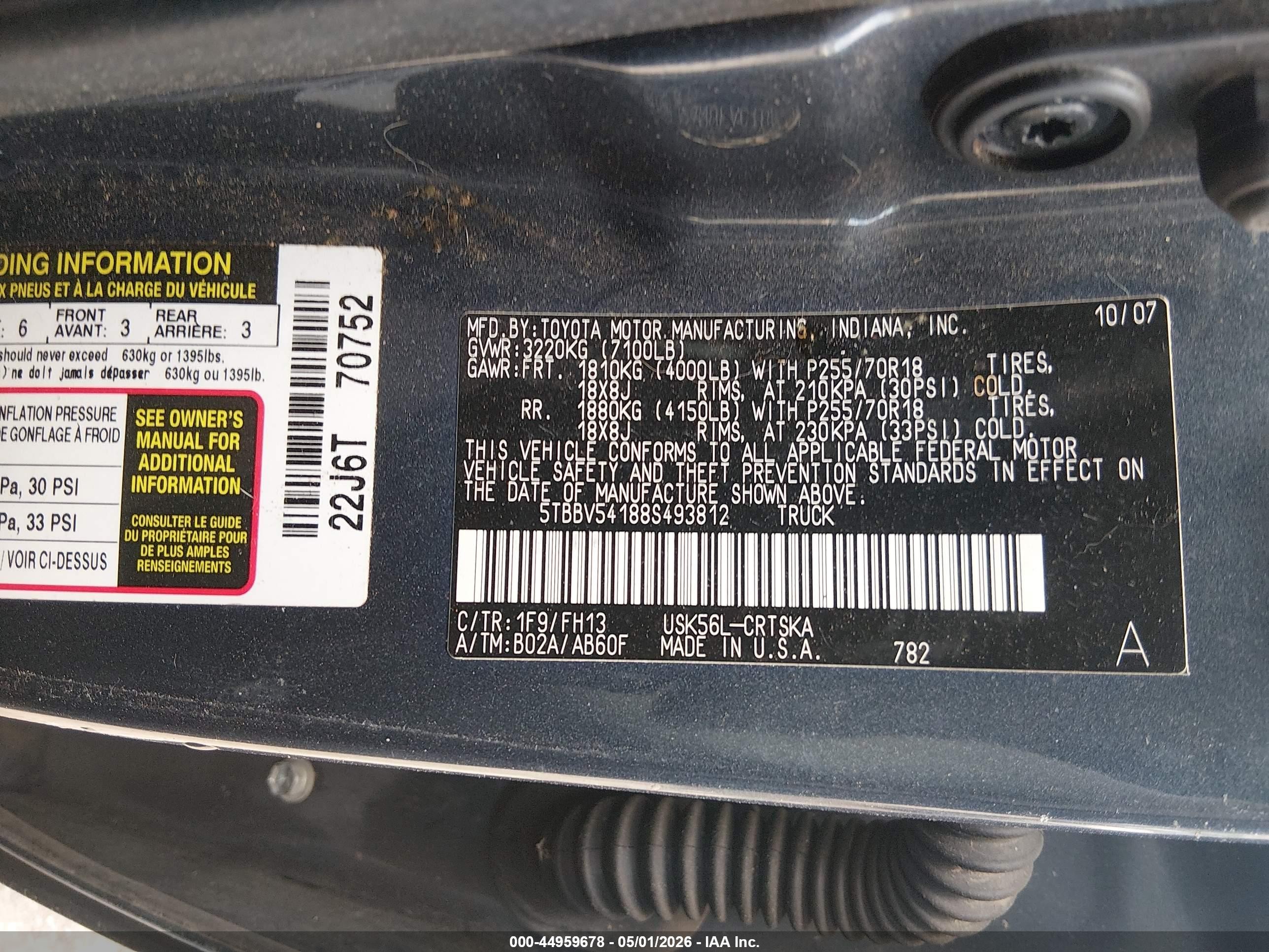 2008 Toyota Tundra Base 5.7l V8 Black vin: 5TBBV54188S493812