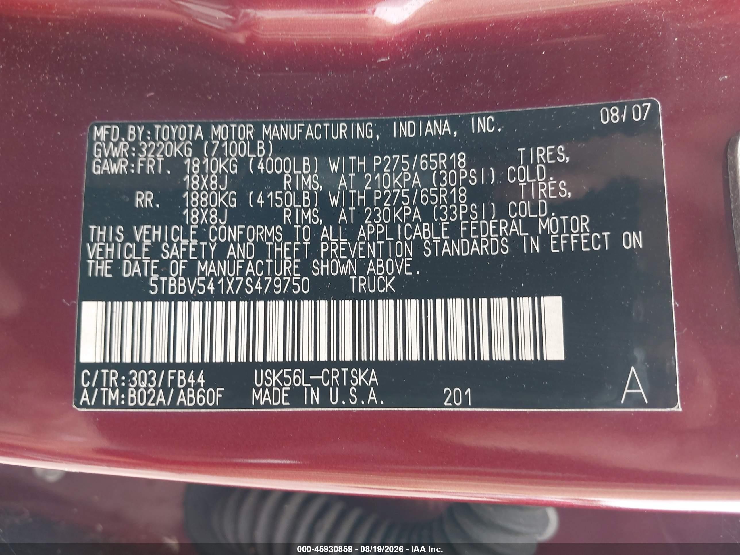 2007 Toyota Tundra Sr5 5.7l V8 Red vin: 5TBBV541X7S479750