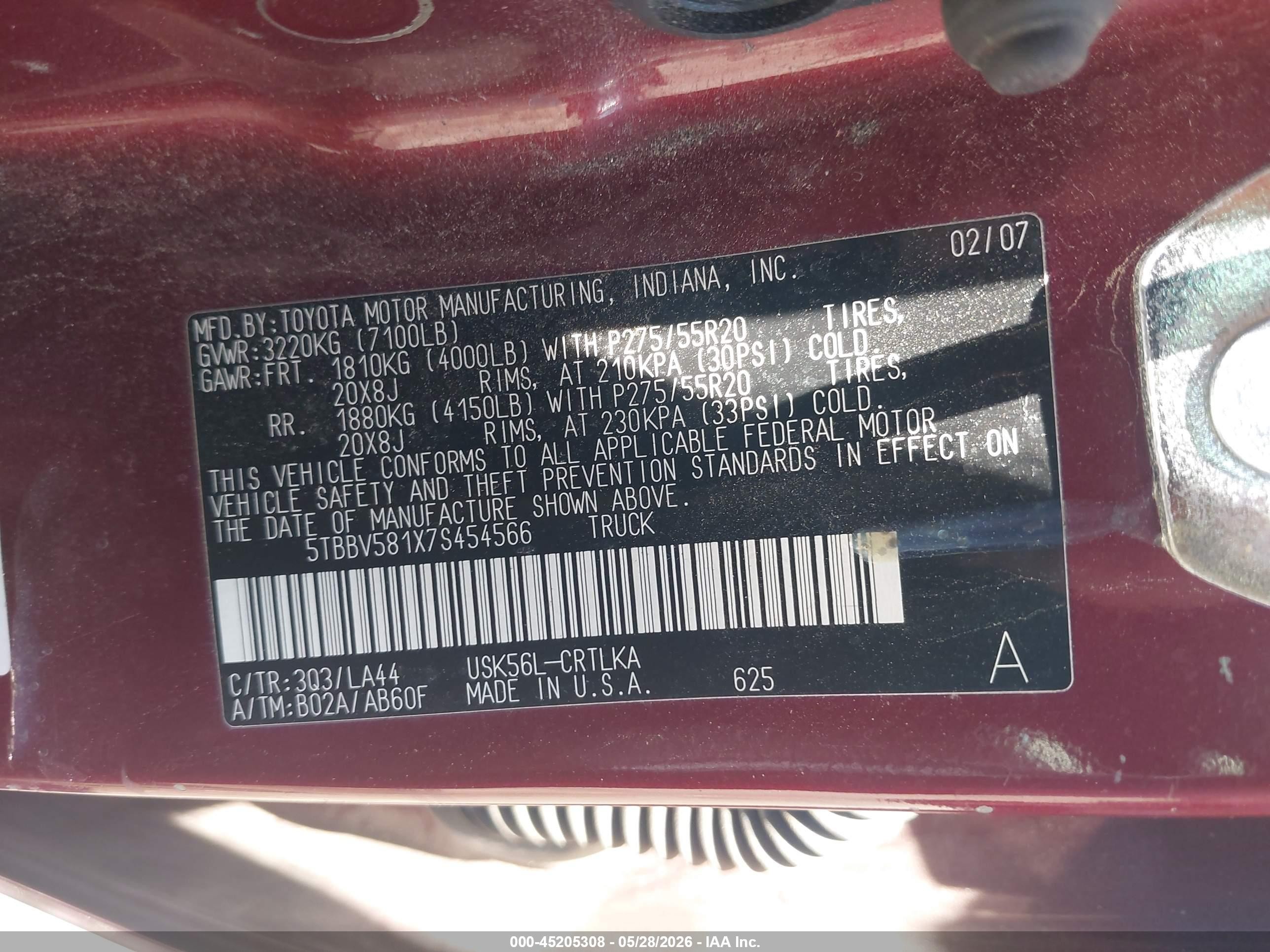 2007 Toyota Tundra Limited 5.7l V8 Red vin: 5TBBV581X7S454566