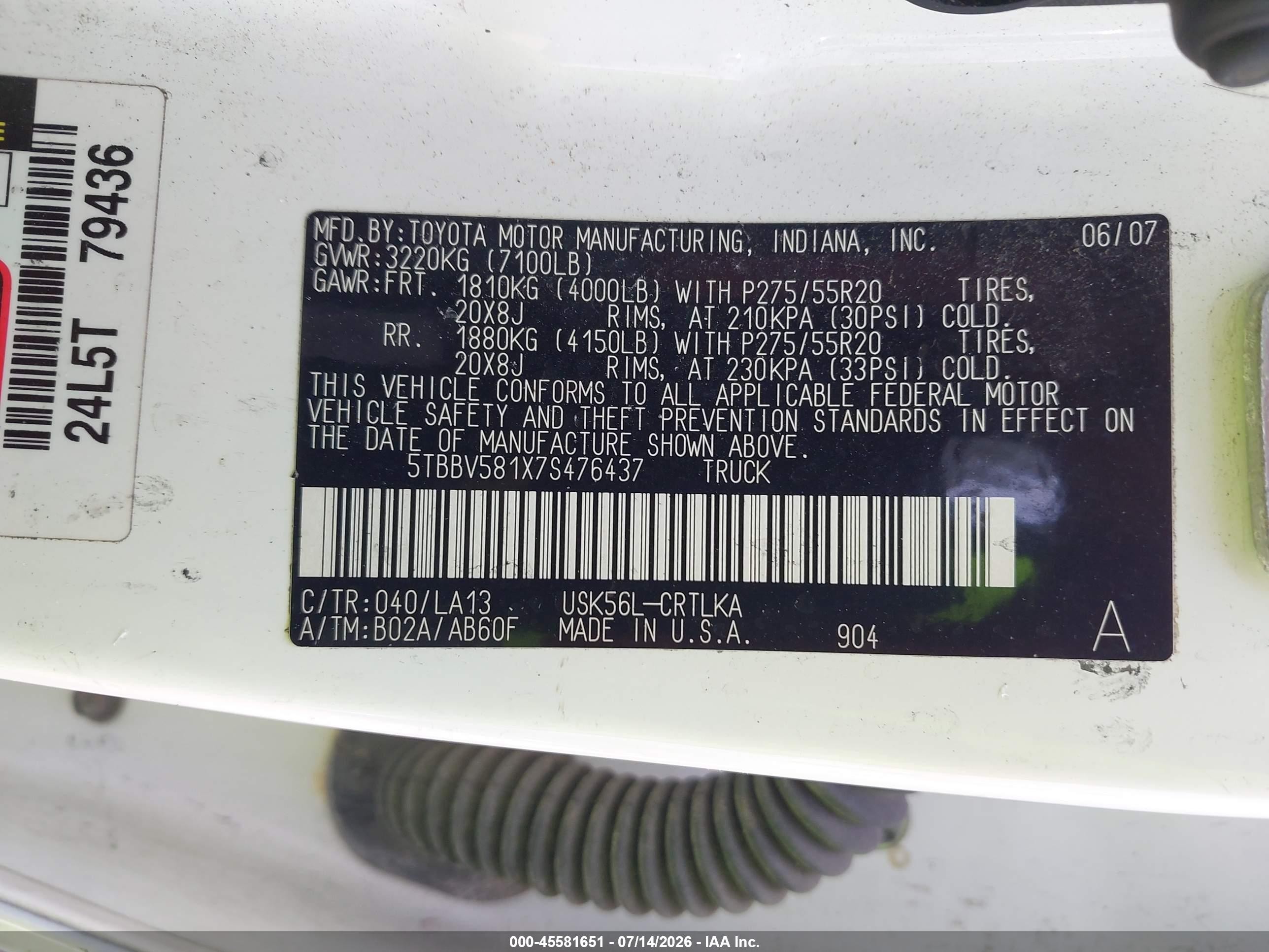 2007 Toyota Tundra Limited 5.7l V8 White vin: 5TBBV581X7S476437