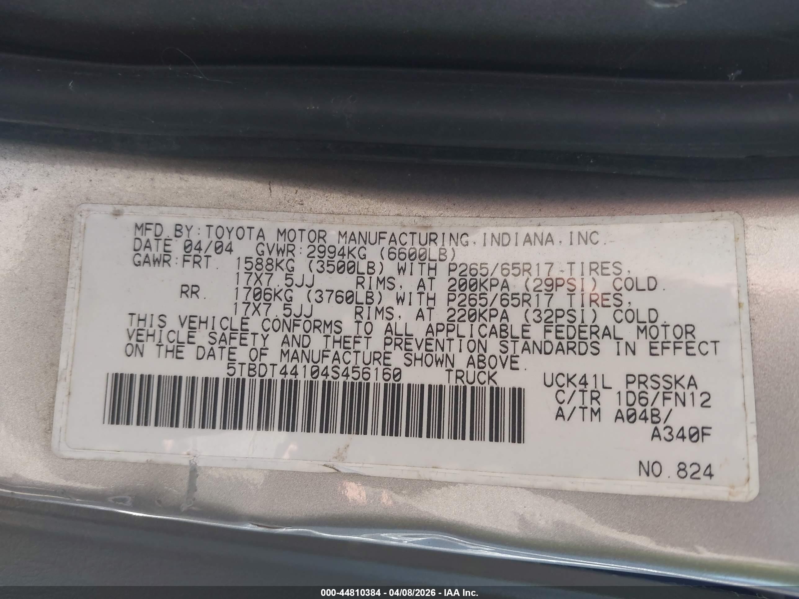 2004 Toyota Tundra Sr5 V8 Black vin: 5TBDT44104S456160