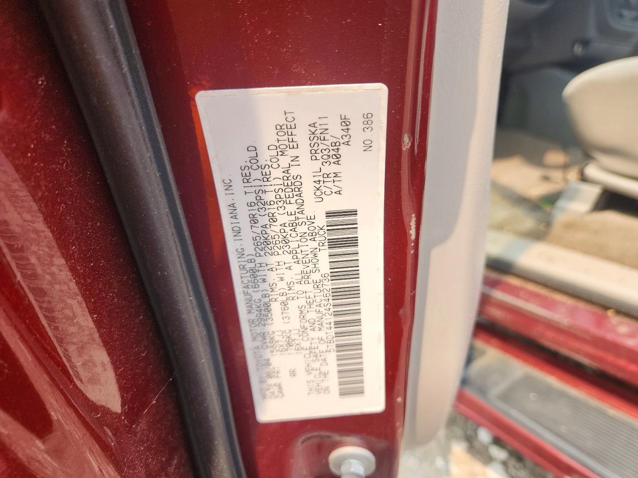 2004 Toyota Tundra Sr5 Maroon vin: 5TBDT44124S462736