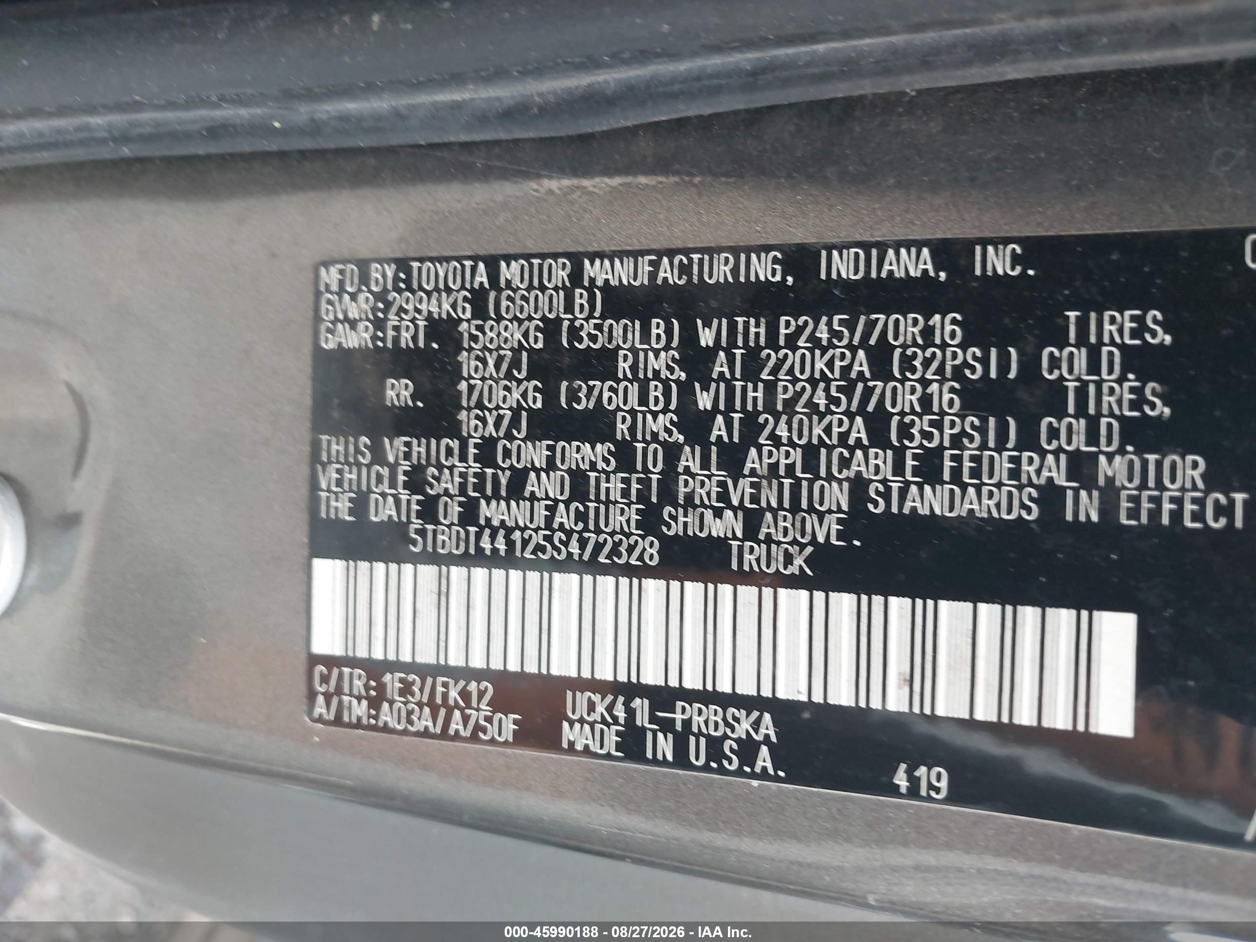 2005 Toyota Tundra Sr5 V8 Gray vin: 5TBDT44125S472328