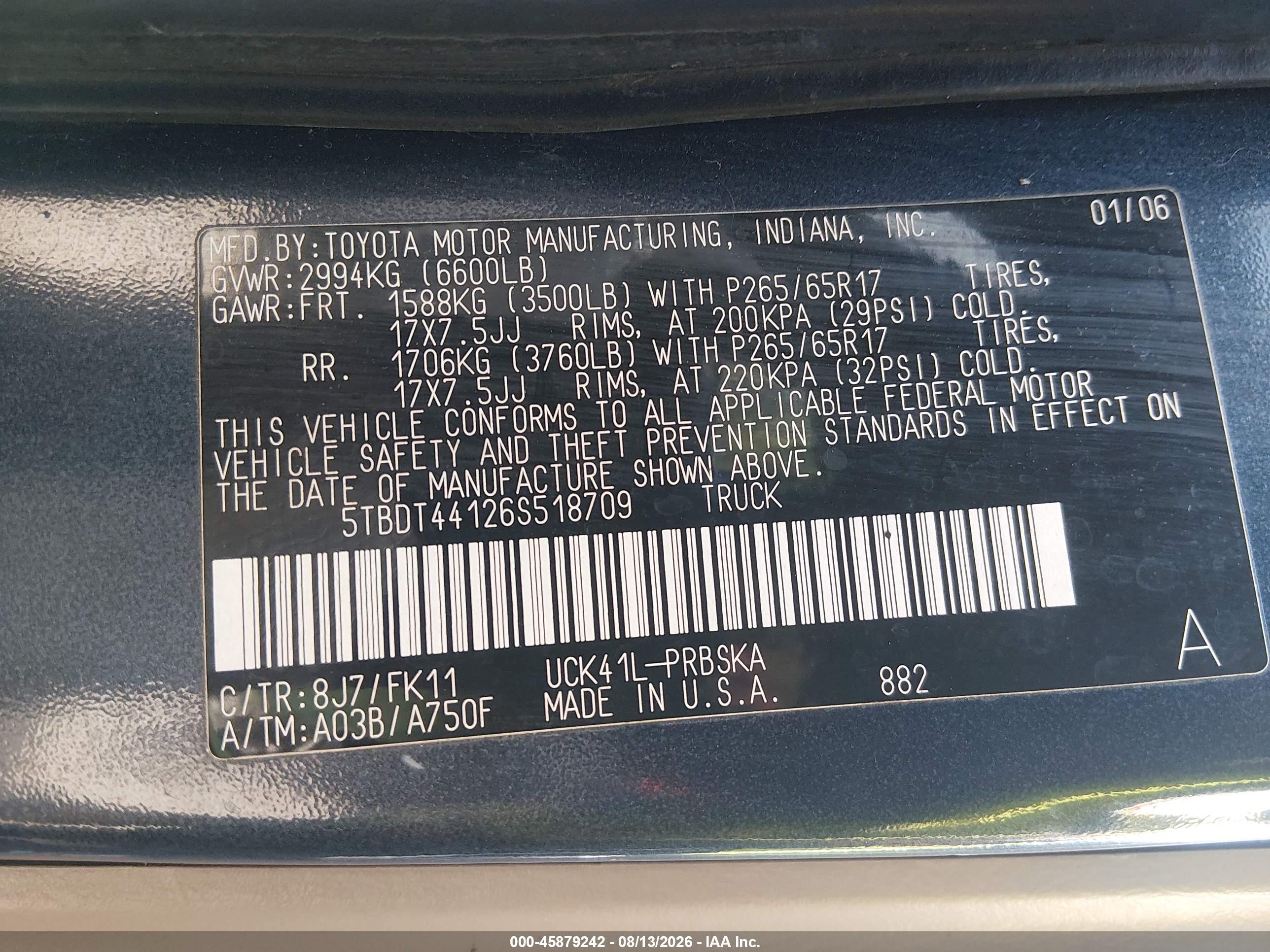 2006 Toyota Tundra Sr5 V8 Blue vin: 5TBDT44126S518709