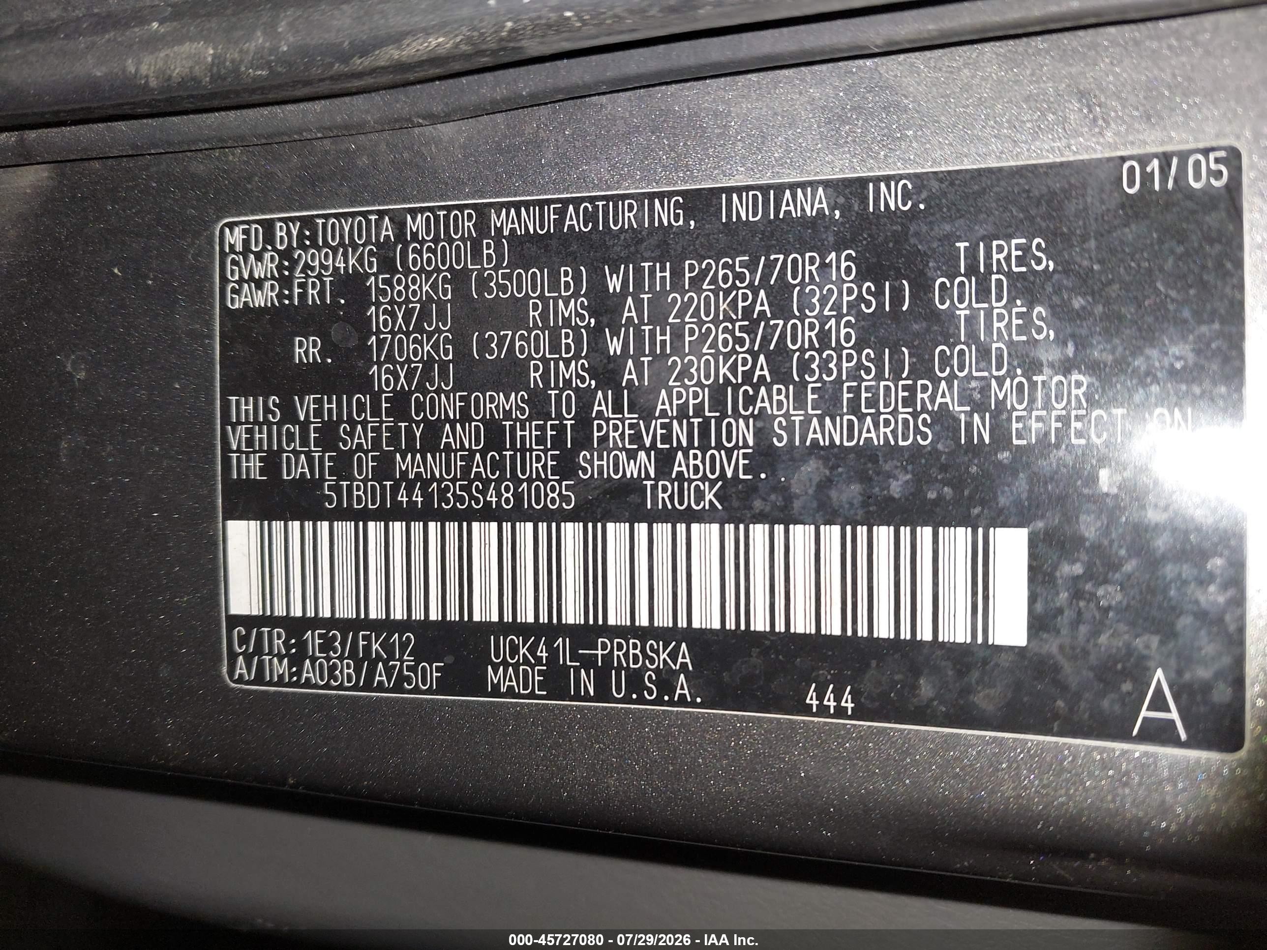 2005 Toyota Tundra Sr5 V8 Brown vin: 5TBDT44135S481085