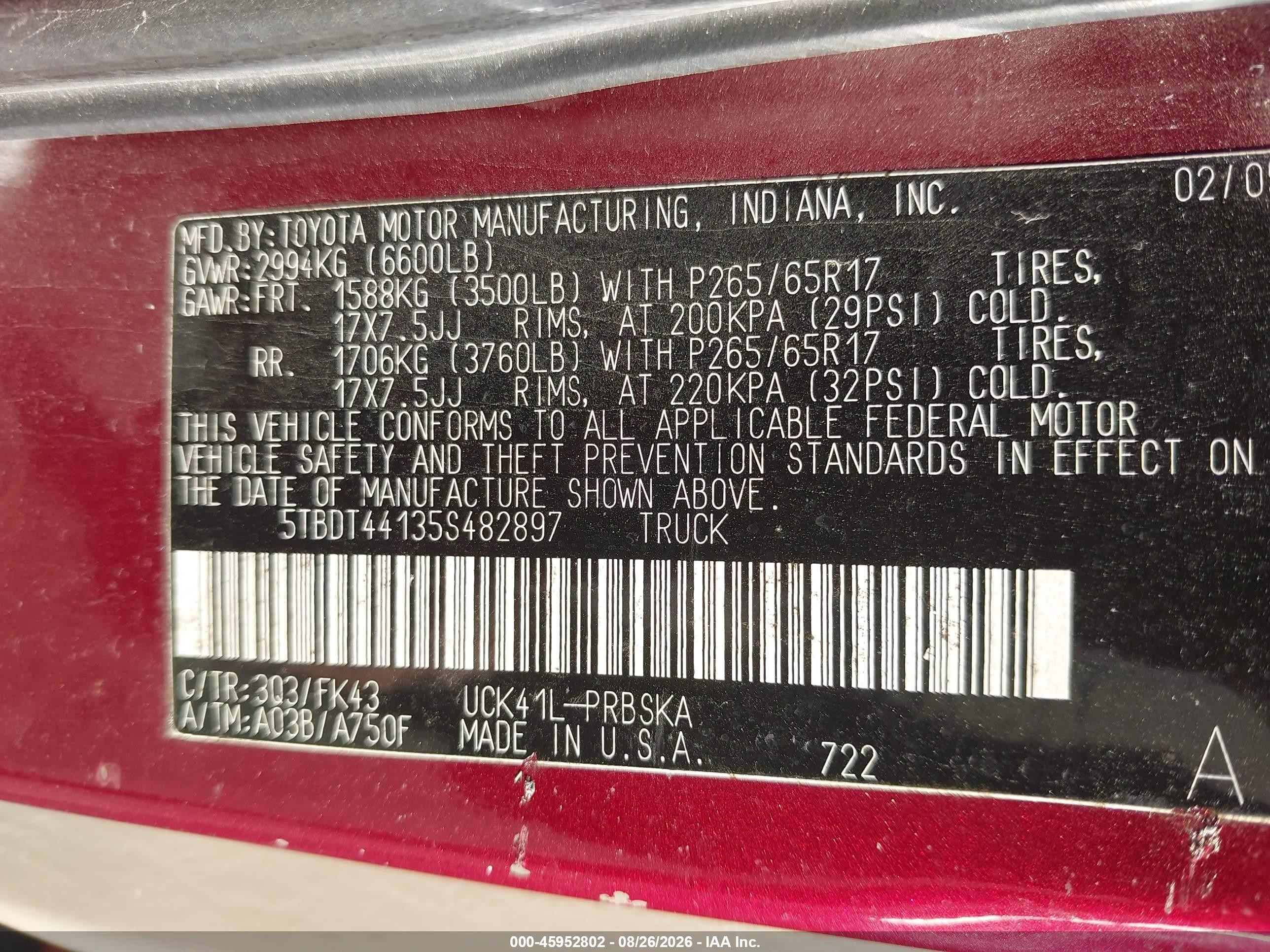 2005 Toyota Tundra Sr5 V8 Red vin: 5TBDT44135S482897