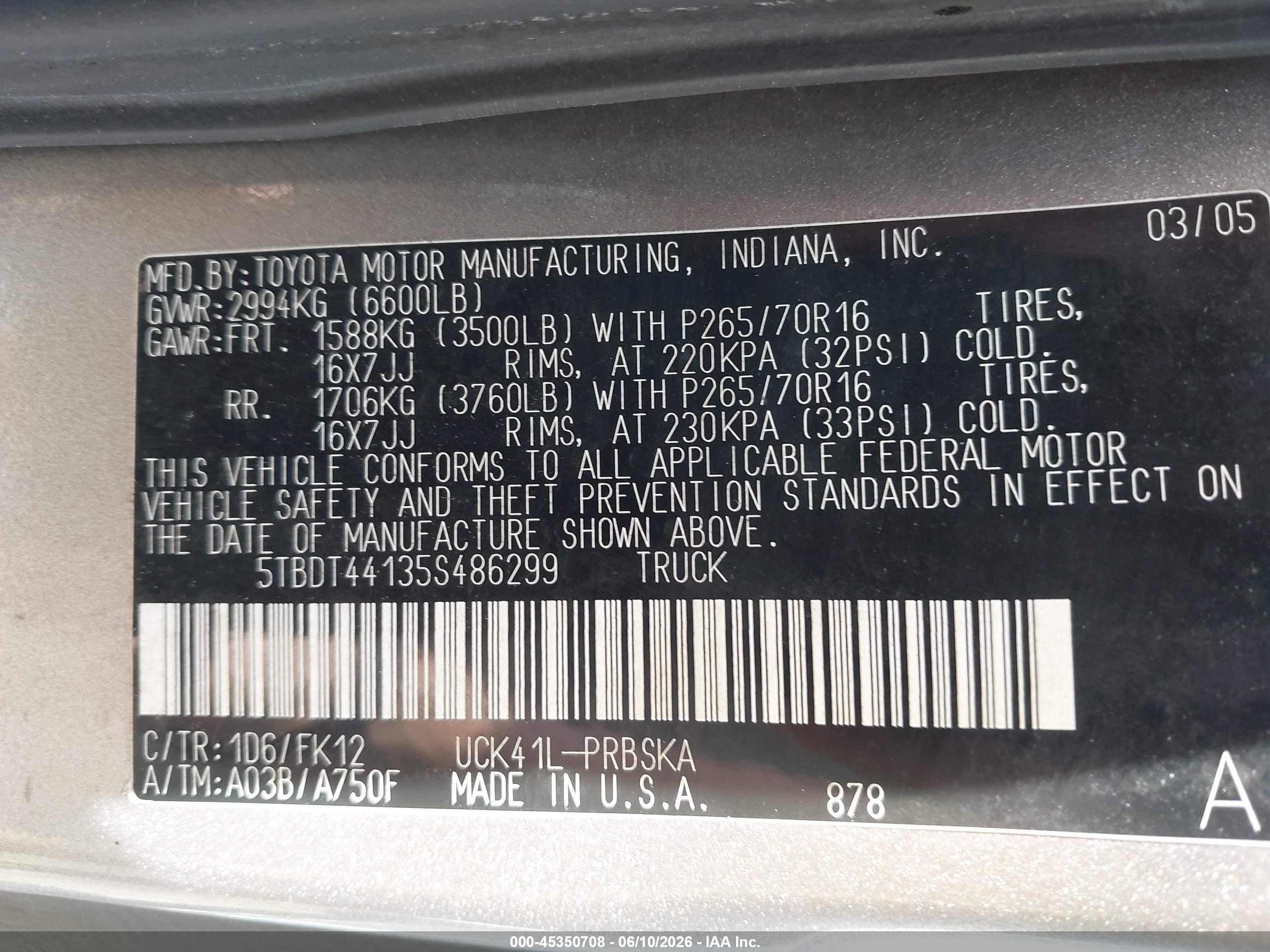 2005 Toyota Tundra Sr5 V8 Silver vin: 5TBDT44135S486299