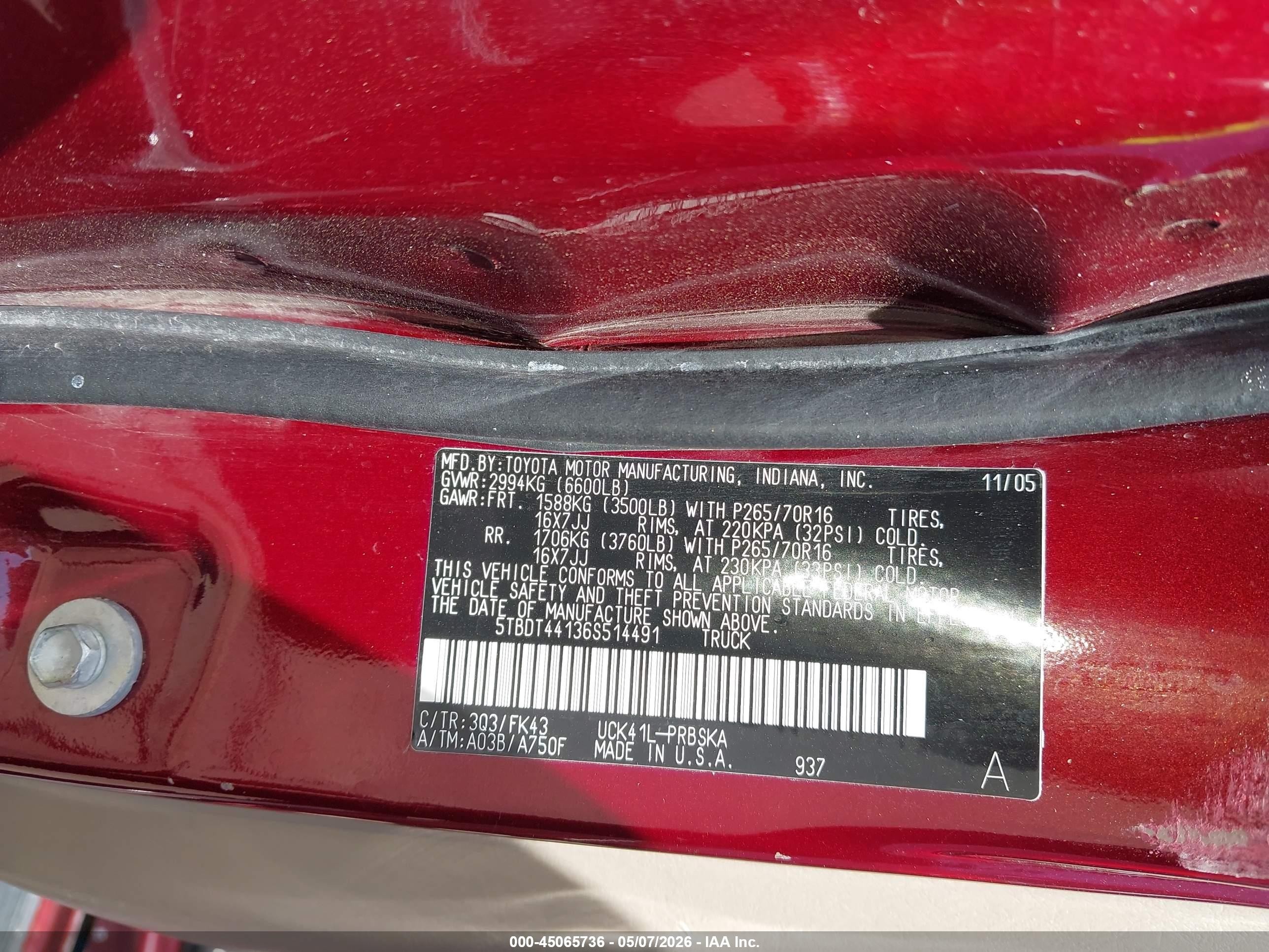 2006 Toyota Tundra Sr5 V8 Красный vin: 5TBDT44136S514491