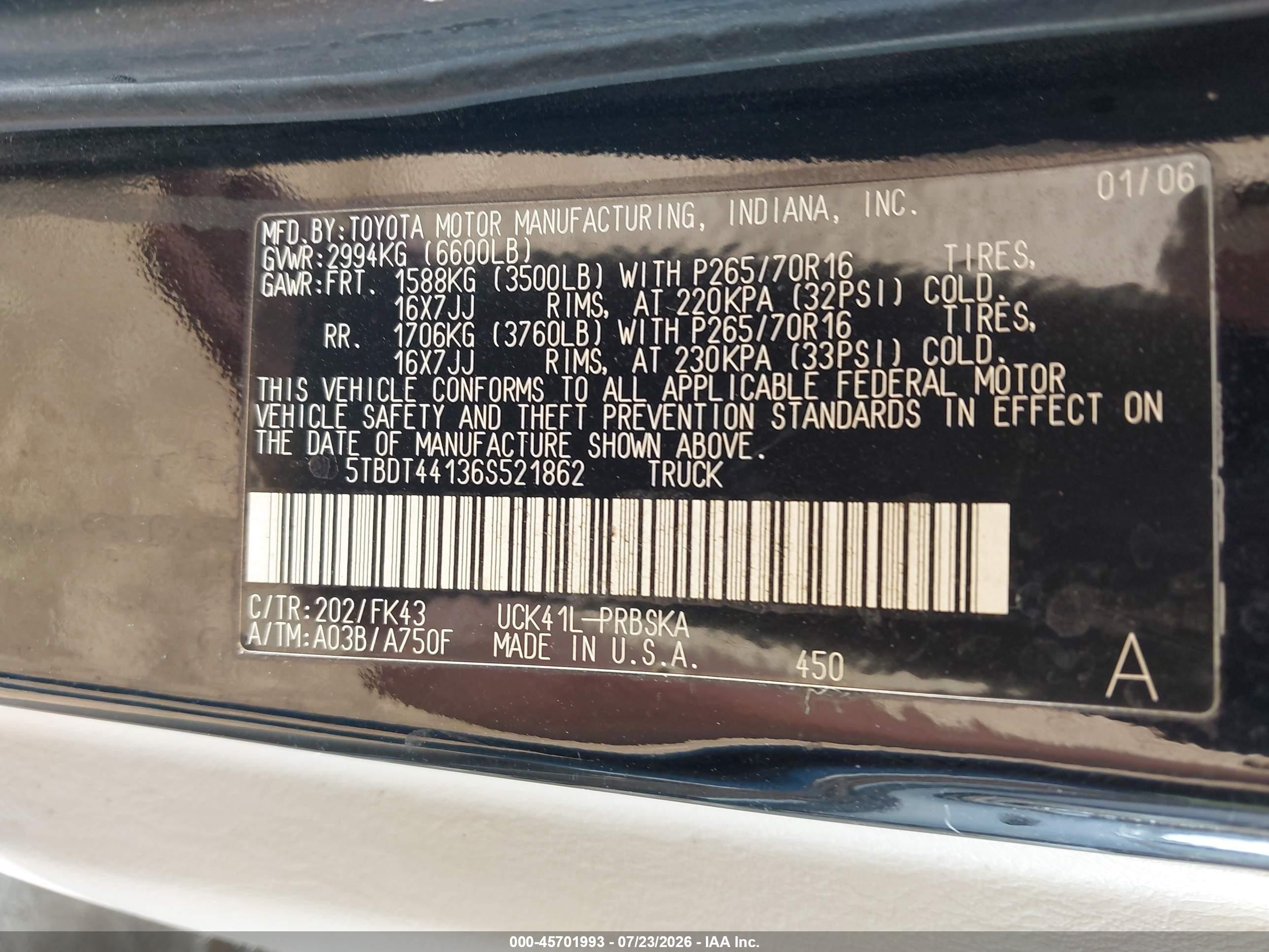 2006 Toyota Tundra Sr5 V8 Black vin: 5TBDT44136S521862