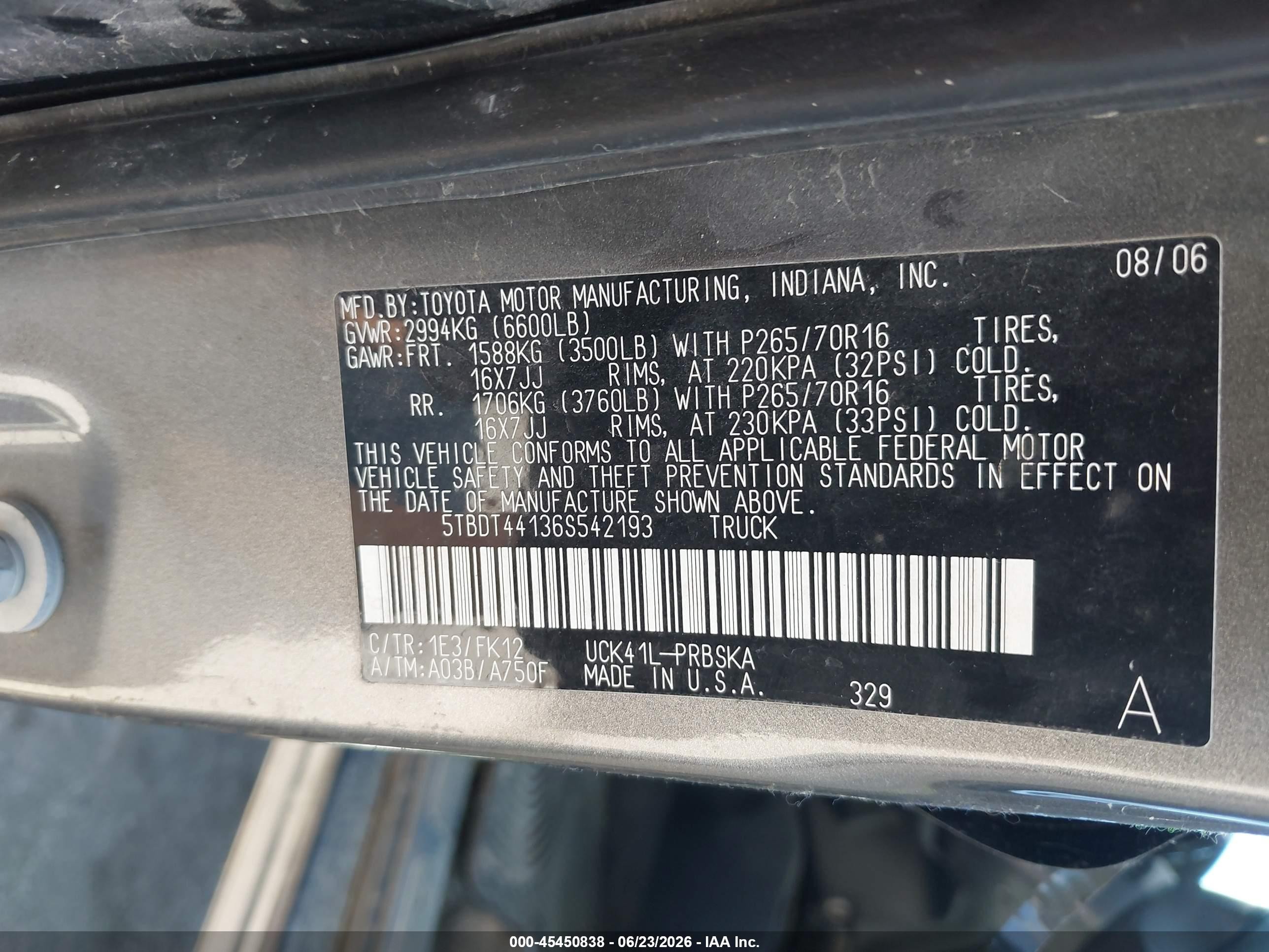 2006 Toyota Tundra Sr5 V8 Gray vin: 5TBDT44136S542193