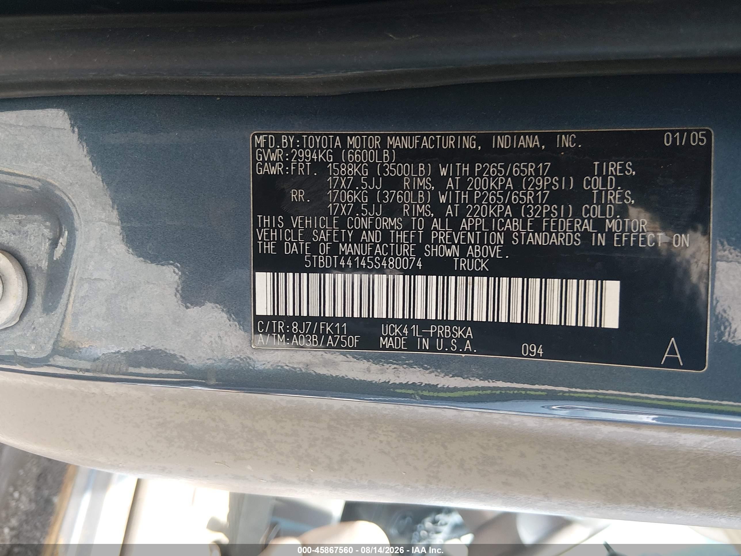 2005 Toyota Tundra Sr5 V8 Blue vin: 5TBDT44145S480074