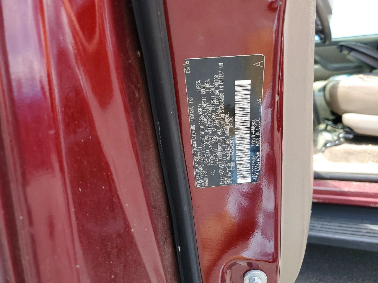 2005 Toyota Tundra Double Cab Sr5 Burgundy vin: 5TBDT44145S493617