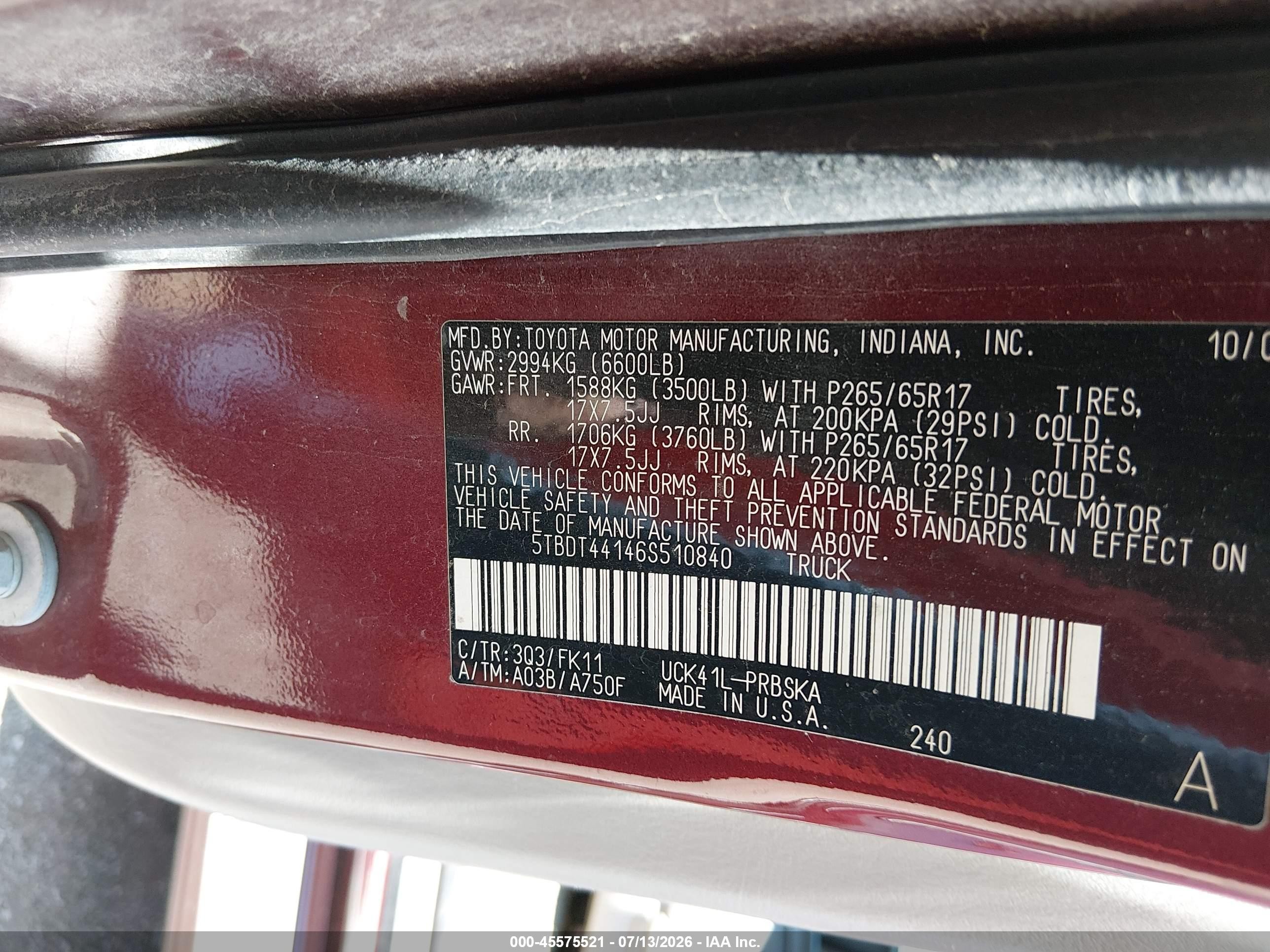 2006 Toyota Tundra Sr5 V8 Red vin: 5TBDT44146S510840