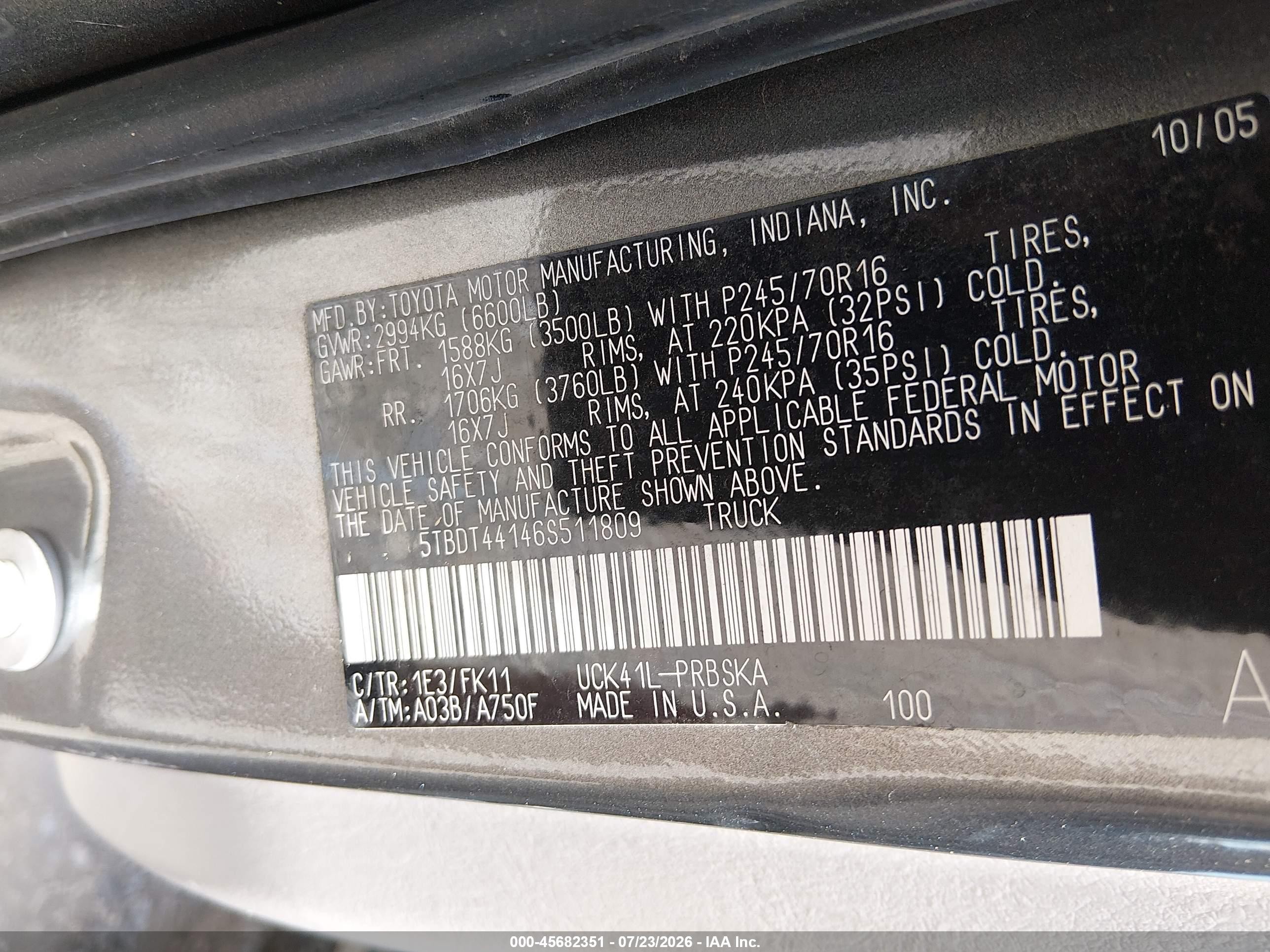 2006 Toyota Tundra Sr5 V8 Gray vin: 5TBDT44146S511809