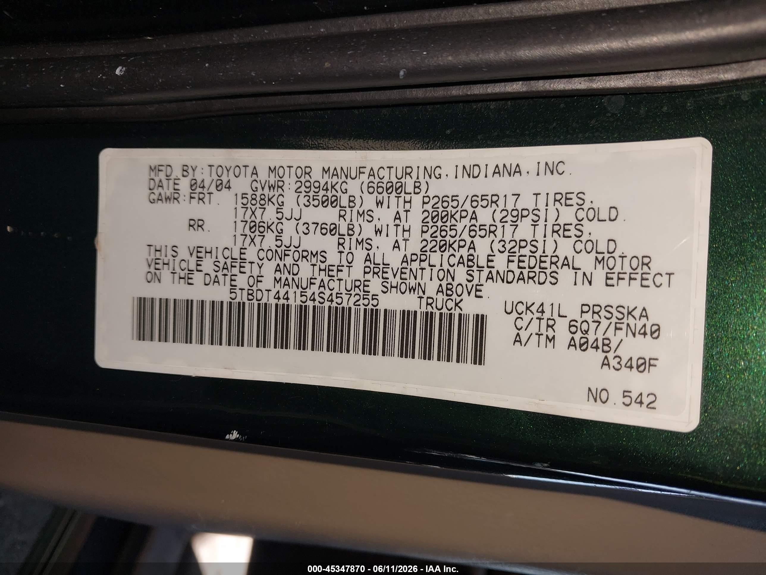 2004 Toyota Tundra Sr5 V8 Green vin: 5TBDT44154S457255
