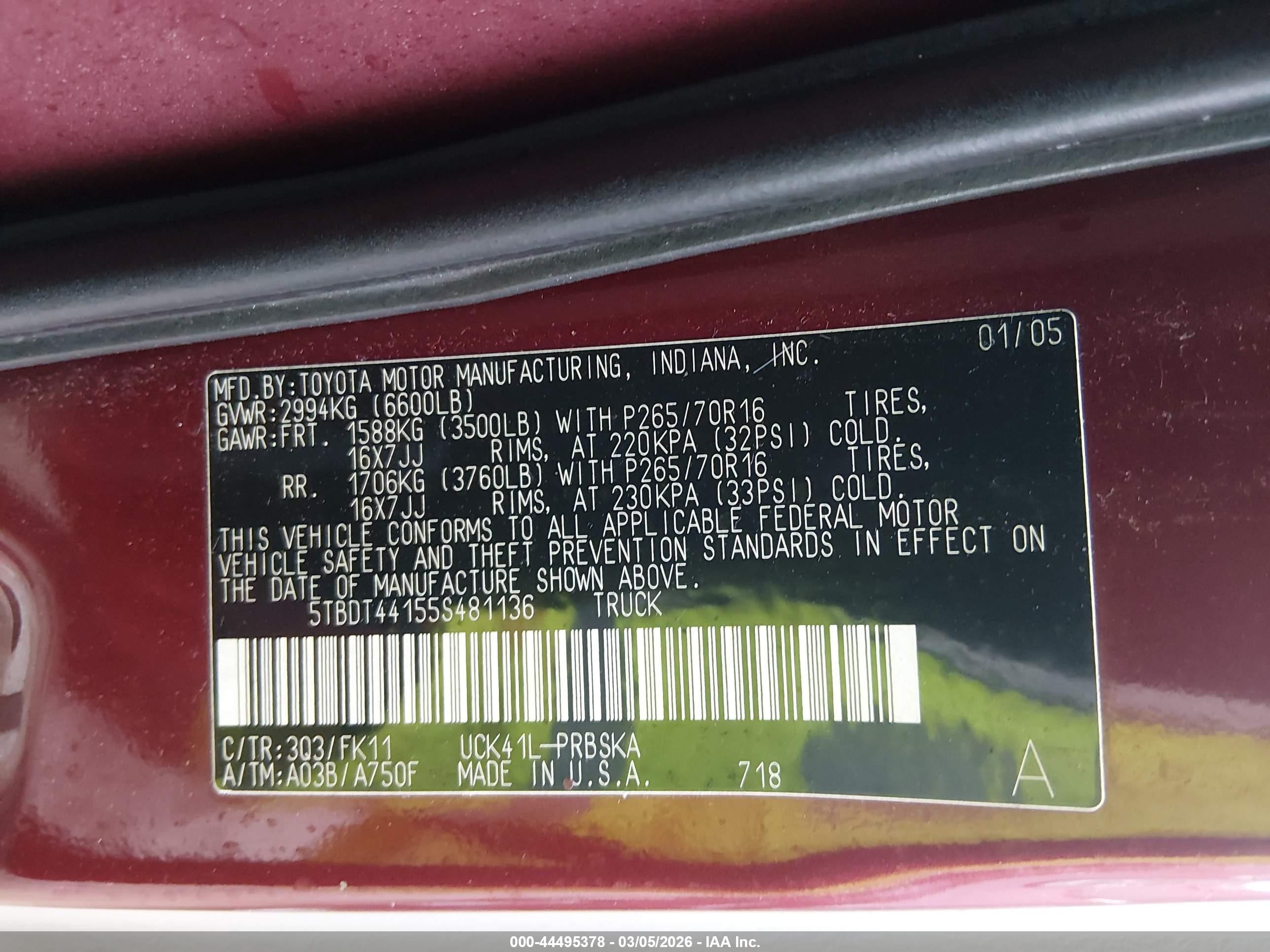 2005 Toyota Tundra Sr5 V8 Maroon vin: 5TBDT44155S481136
