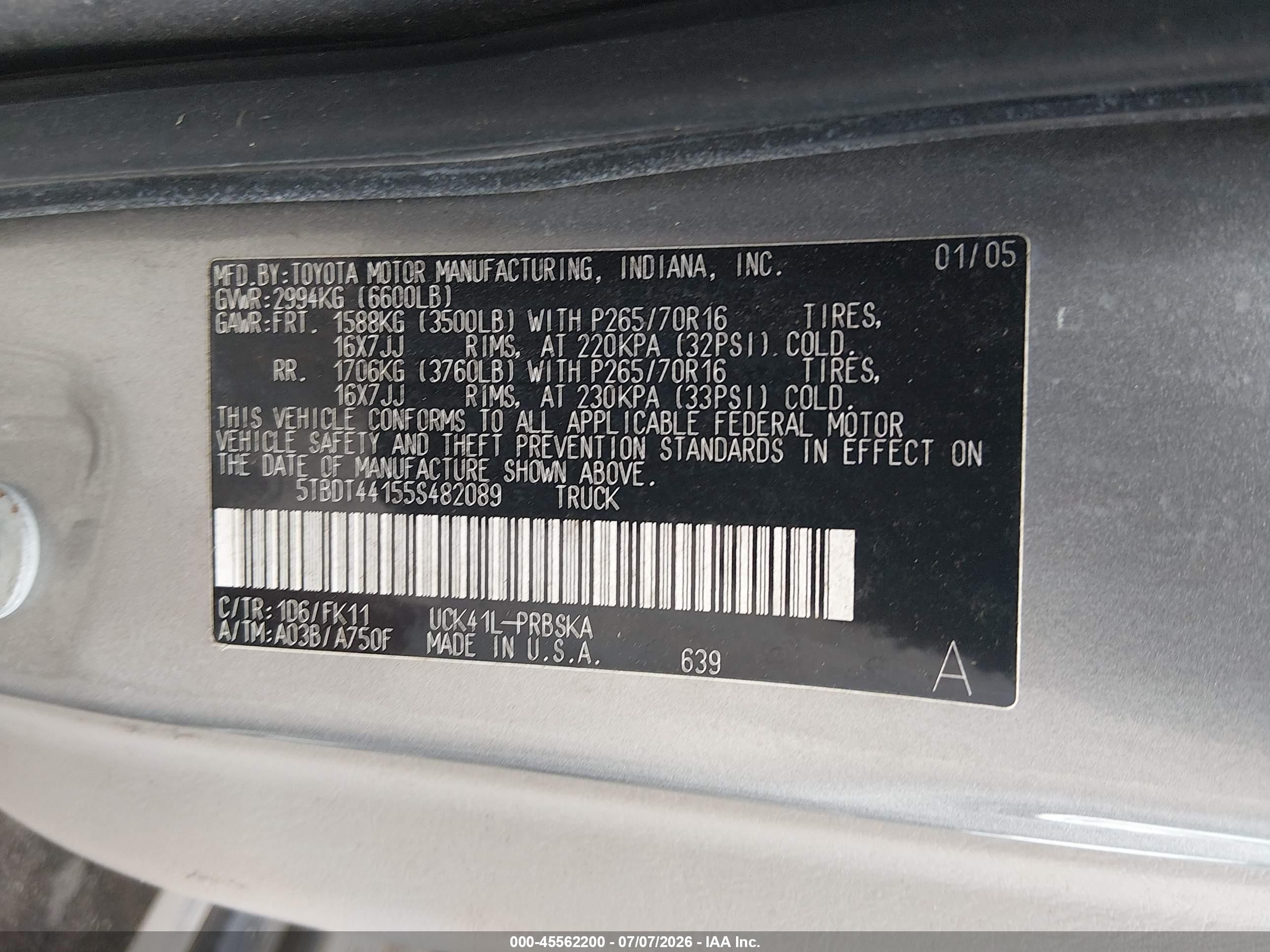 2005 Toyota Tundra Sr5 V8 Gray vin: 5TBDT44155S482089