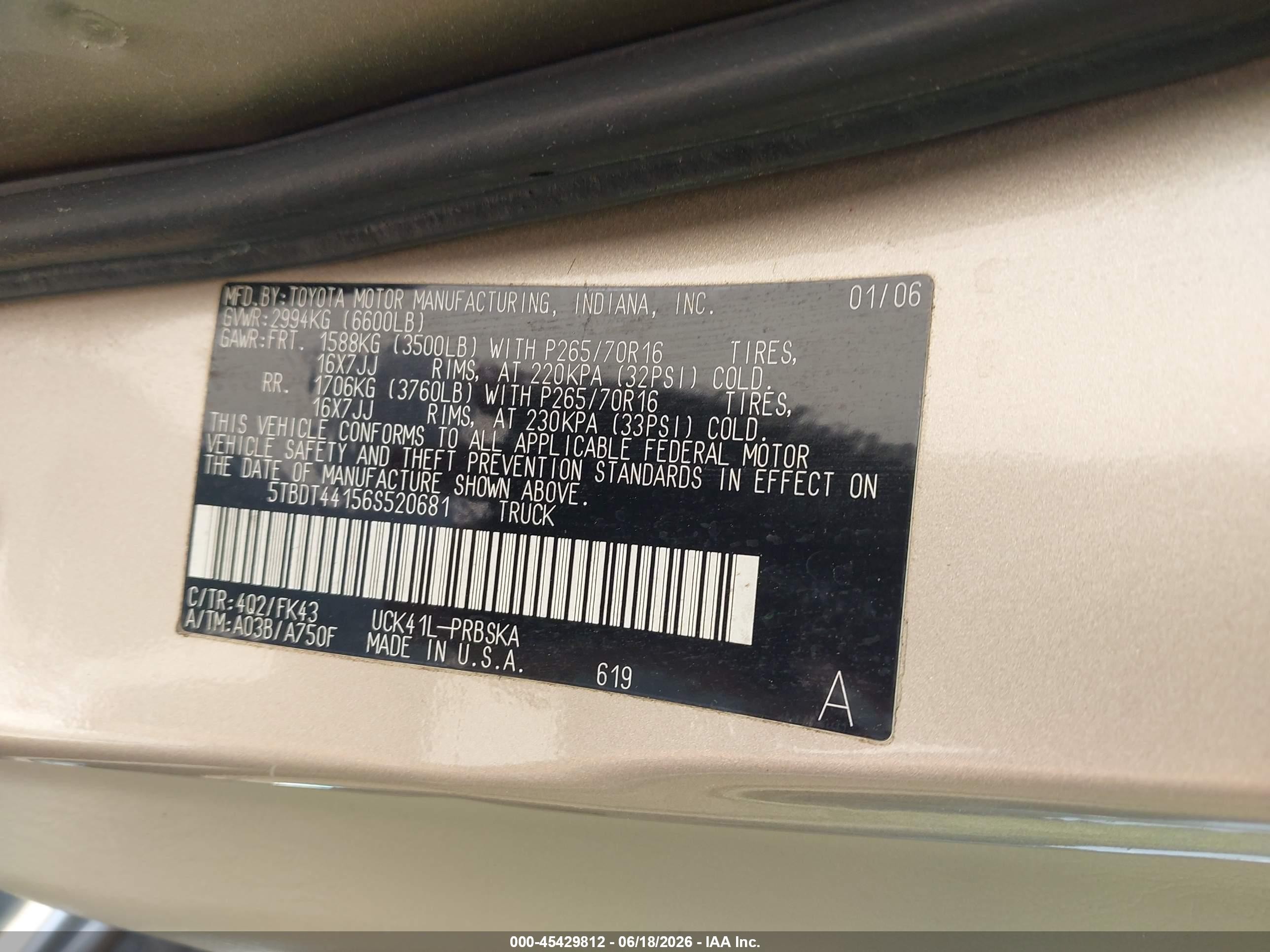 2006 Toyota Tundra Sr5 V8 Tan vin: 5TBDT44156S520681