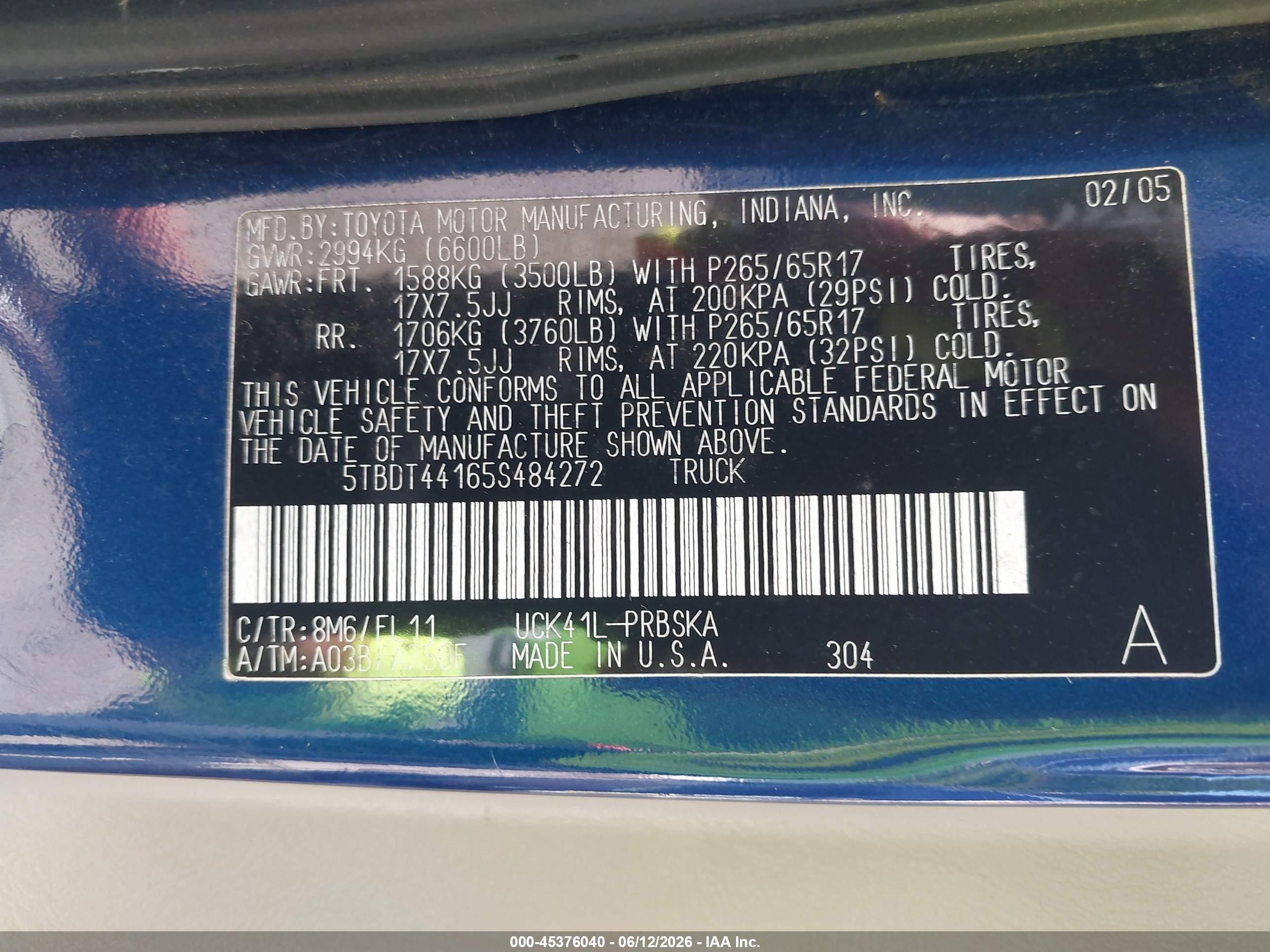 2005 Toyota Tundra Sr5 V8 Blue vin: 5TBDT44165S484272