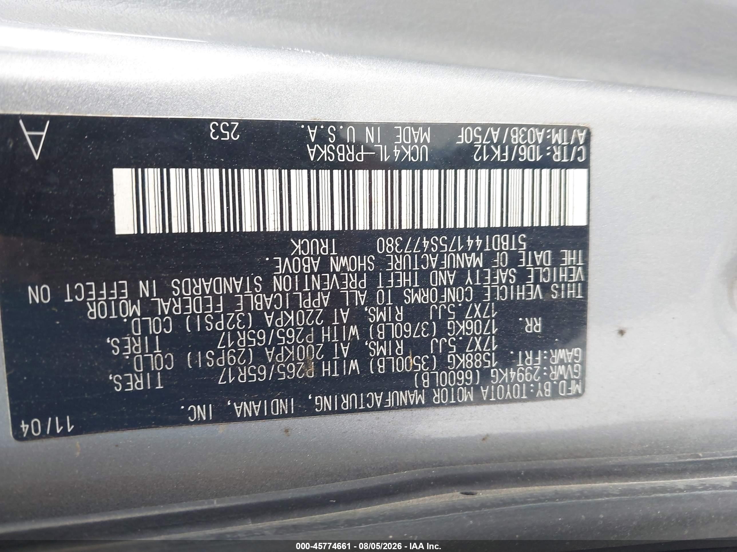 2005 Toyota Tundra Sr5 V8 Серебряный vin: 5TBDT44175S477380