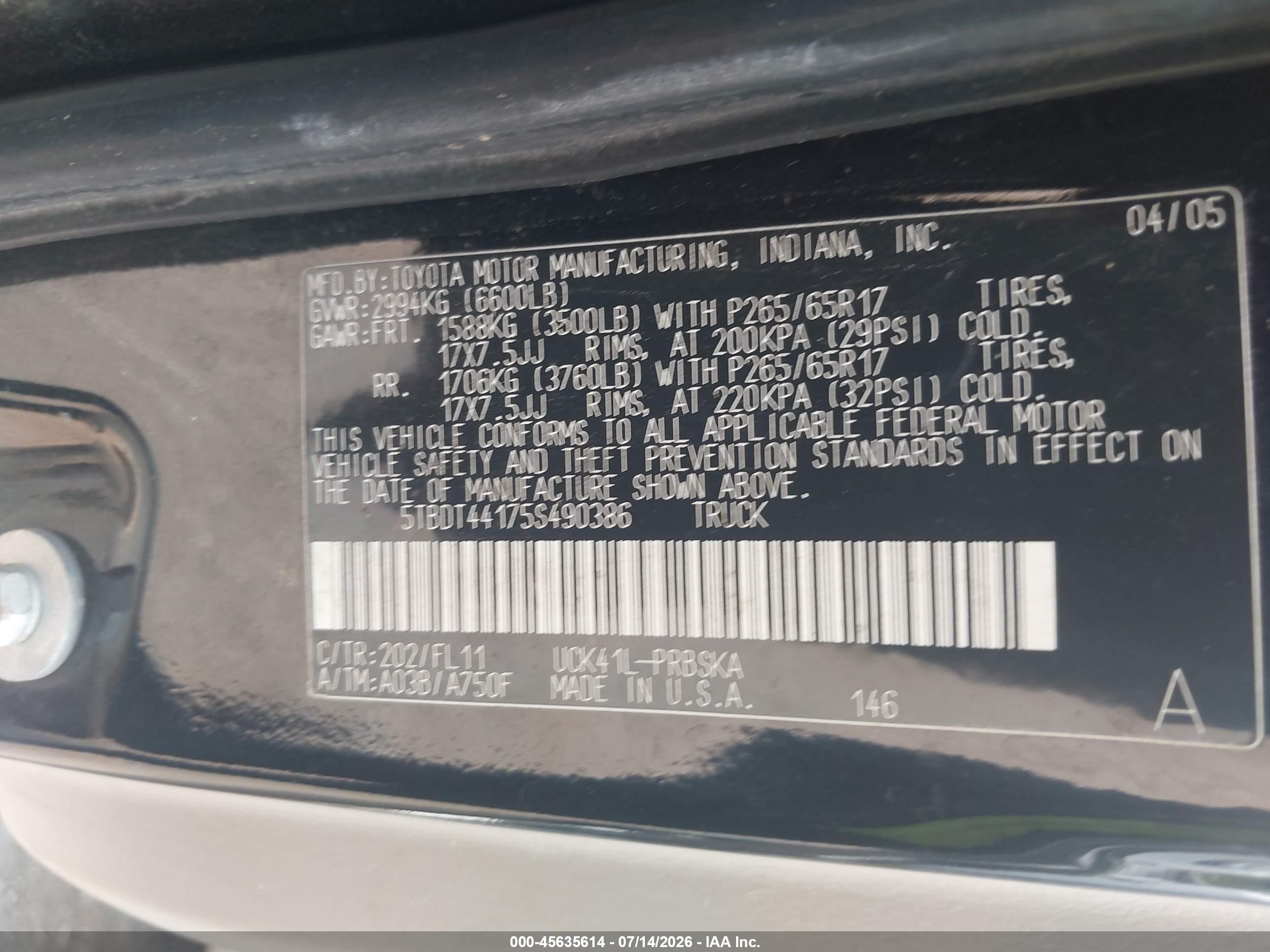 2005 Toyota Tundra Sr5 V8 Black vin: 5TBDT44175S490386