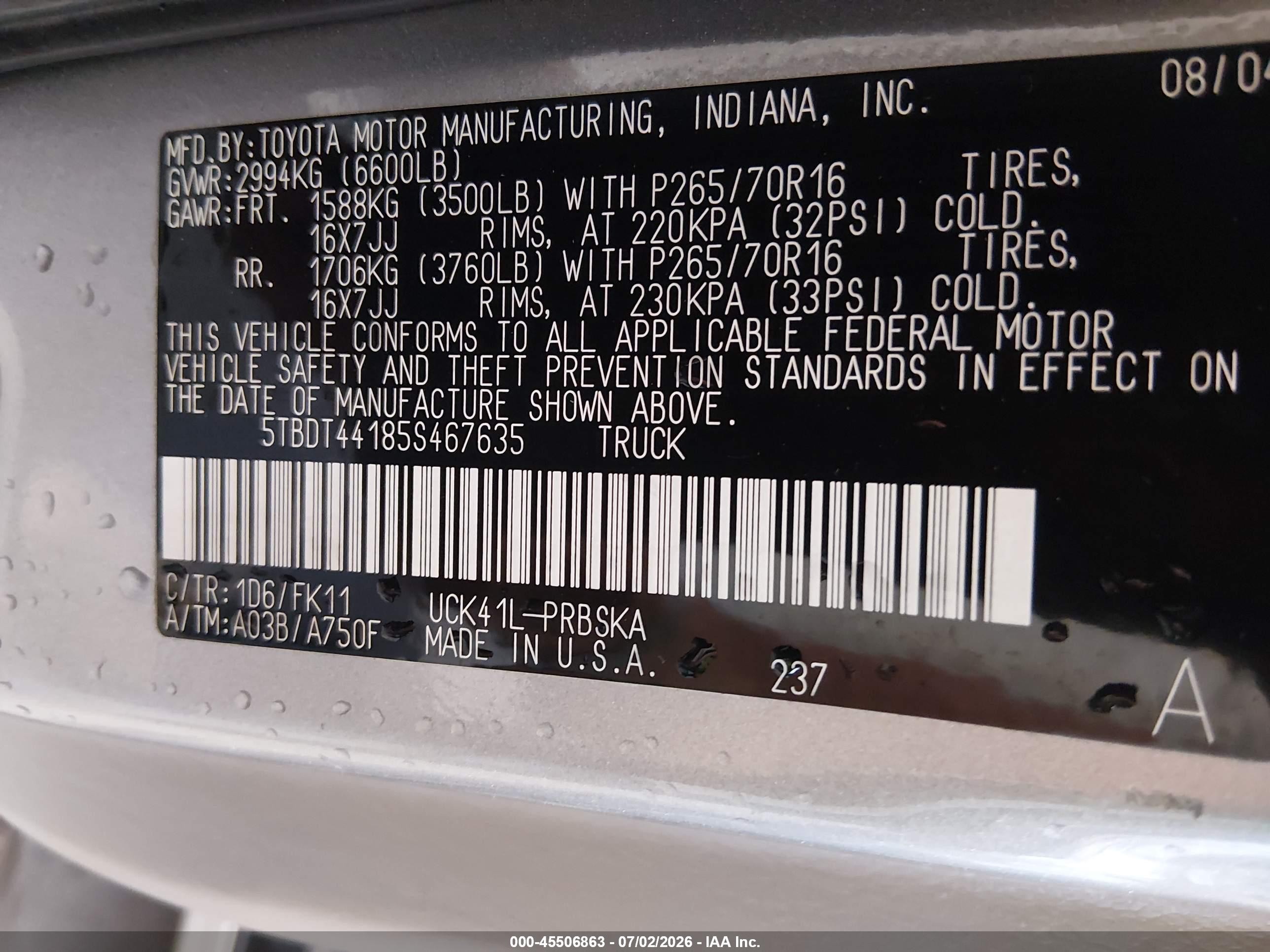 2005 Toyota Tundra Sr5 V8 Silver vin: 5TBDT44185S467635