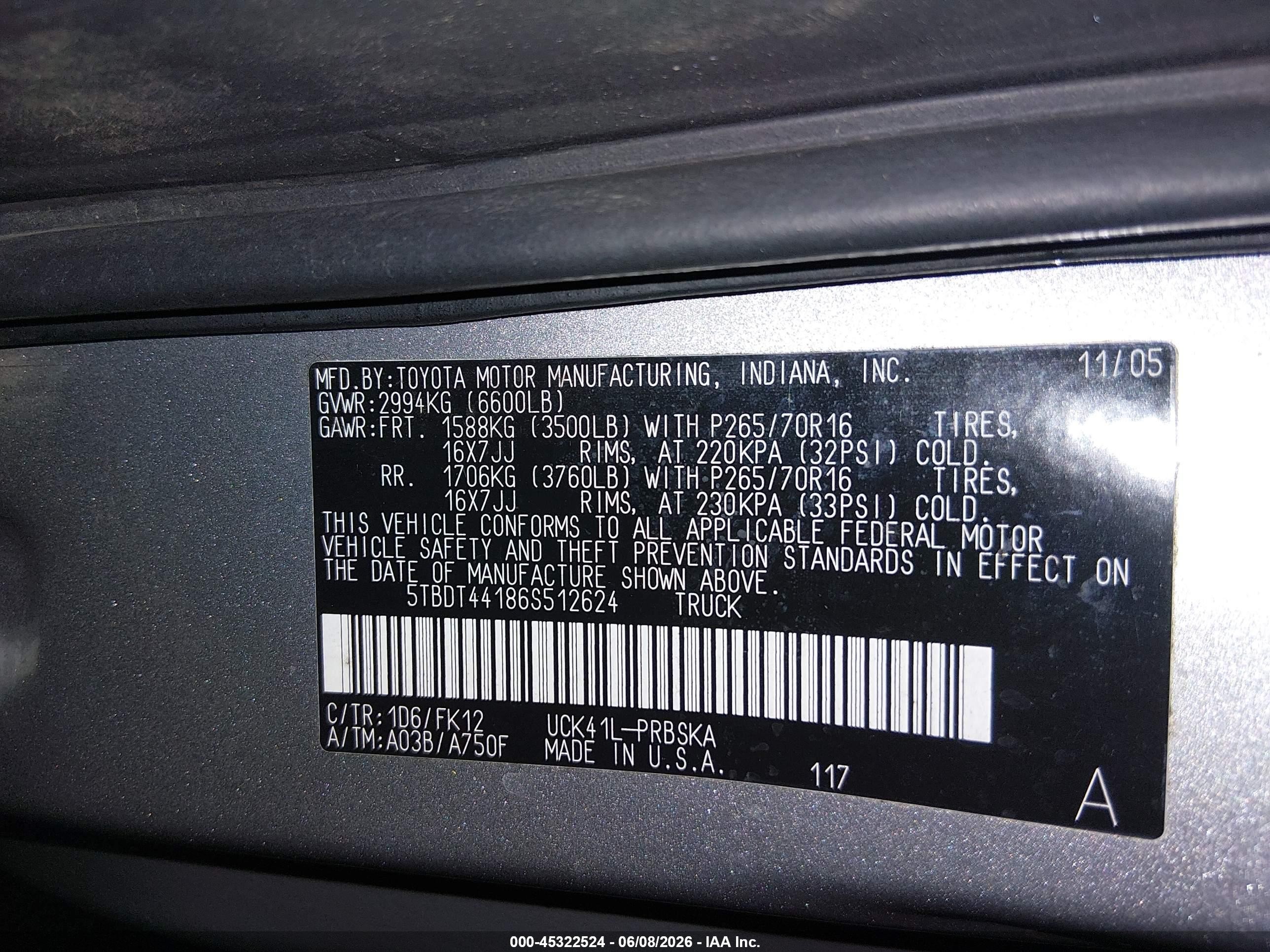 2006 Toyota Tundra Sr5 V8 Silver vin: 5TBDT44186S512624