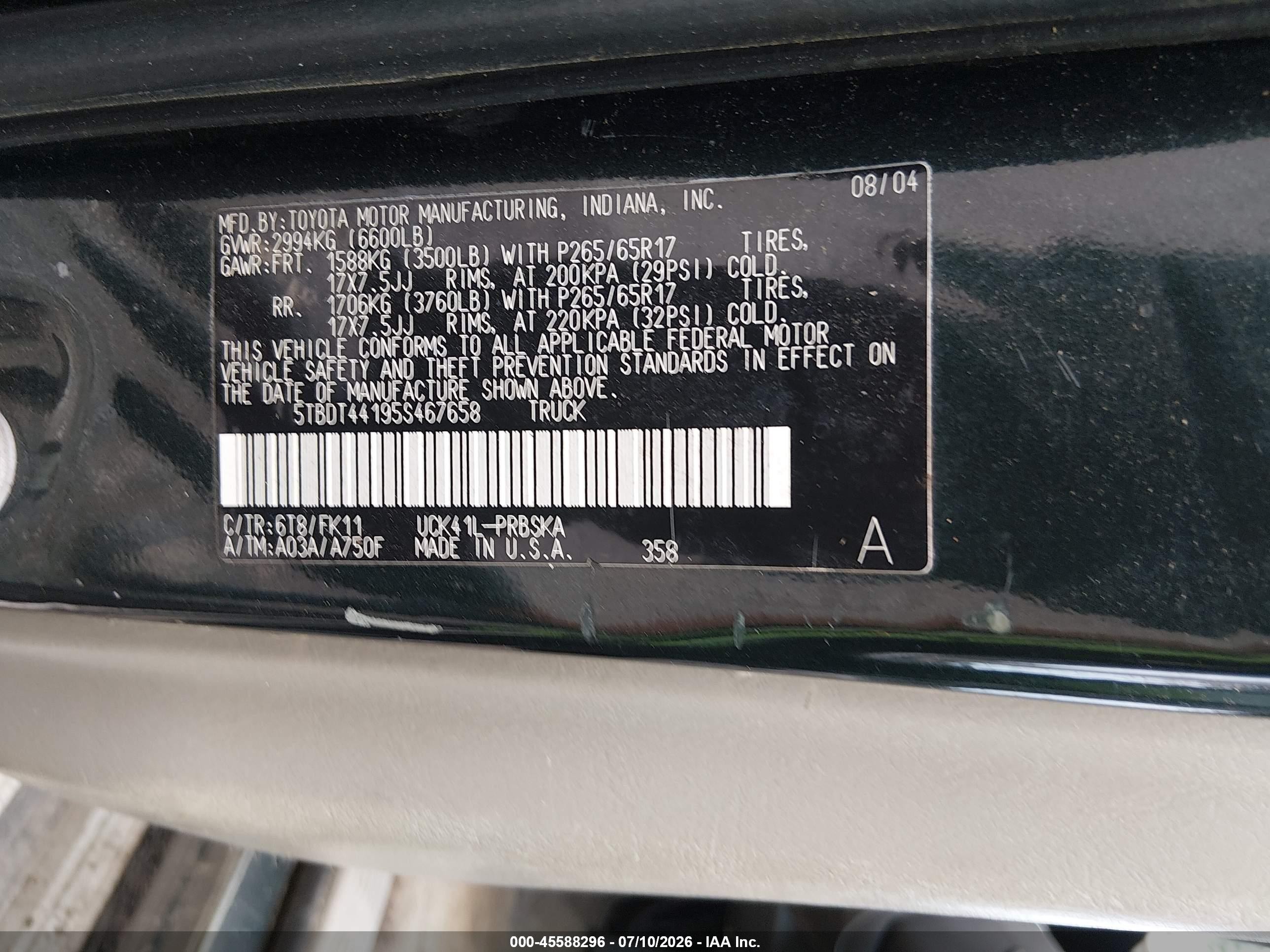 2005 Toyota Tundra Sr5 V8 Green vin: 5TBDT44195S467658