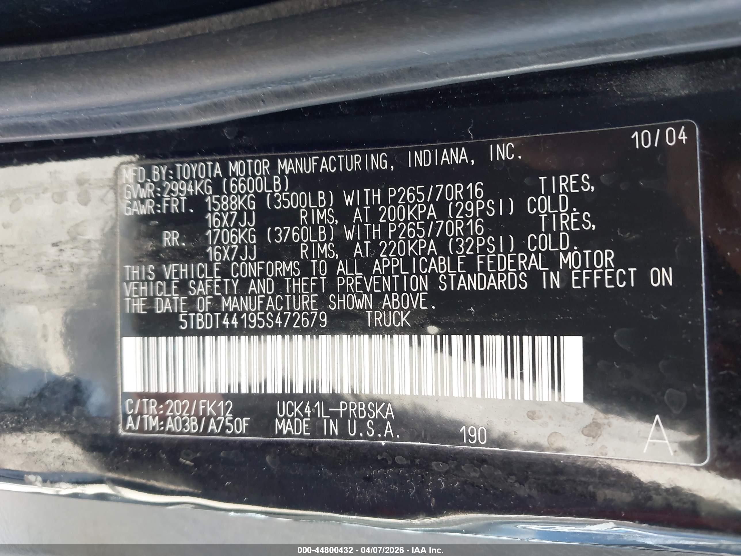 2005 Toyota Tundra Sr5 V8 Black vin: 5TBDT44195S472679