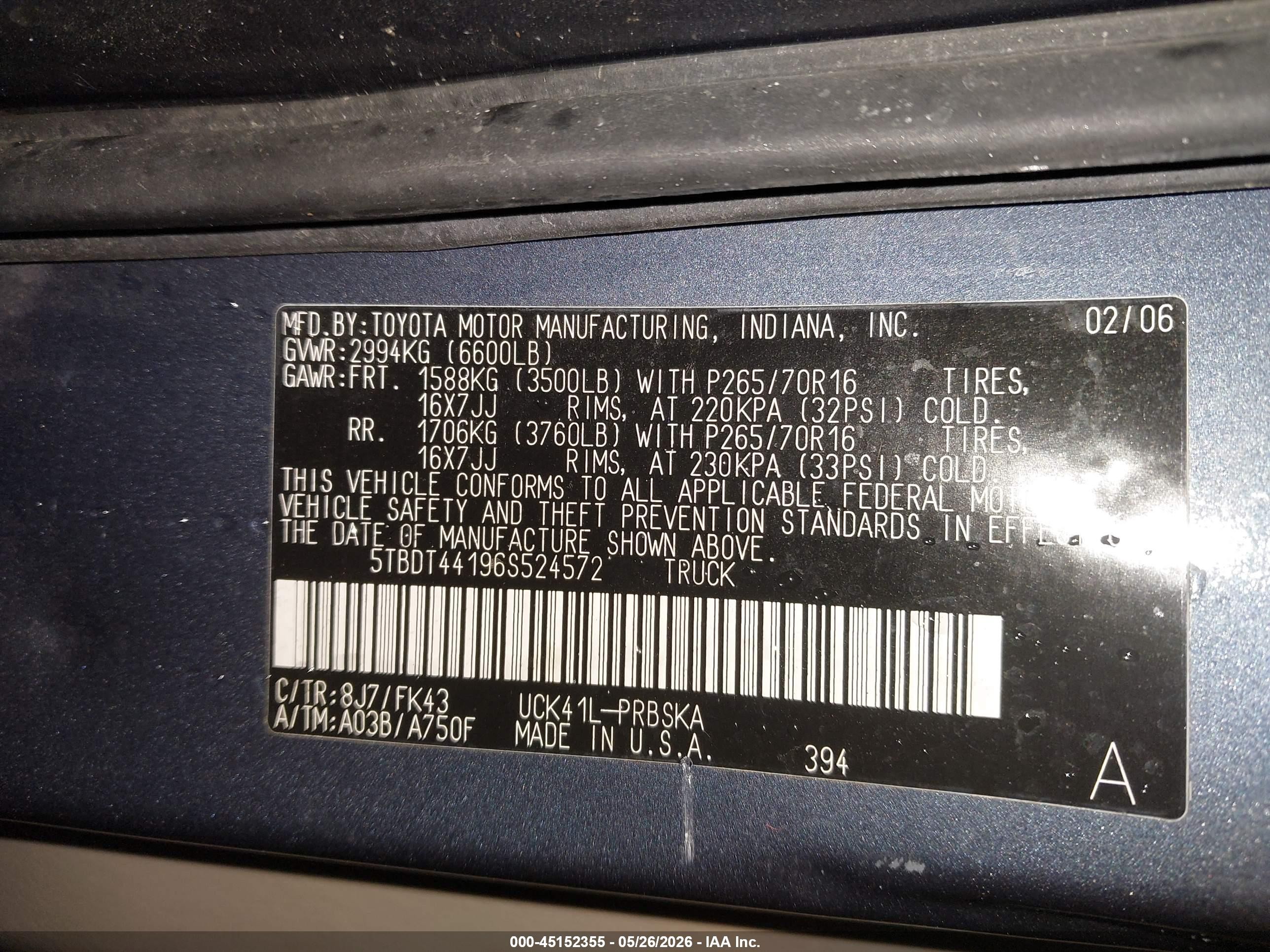 2006 Toyota Tundra Sr5 V8 Blue vin: 5TBDT44196S524572