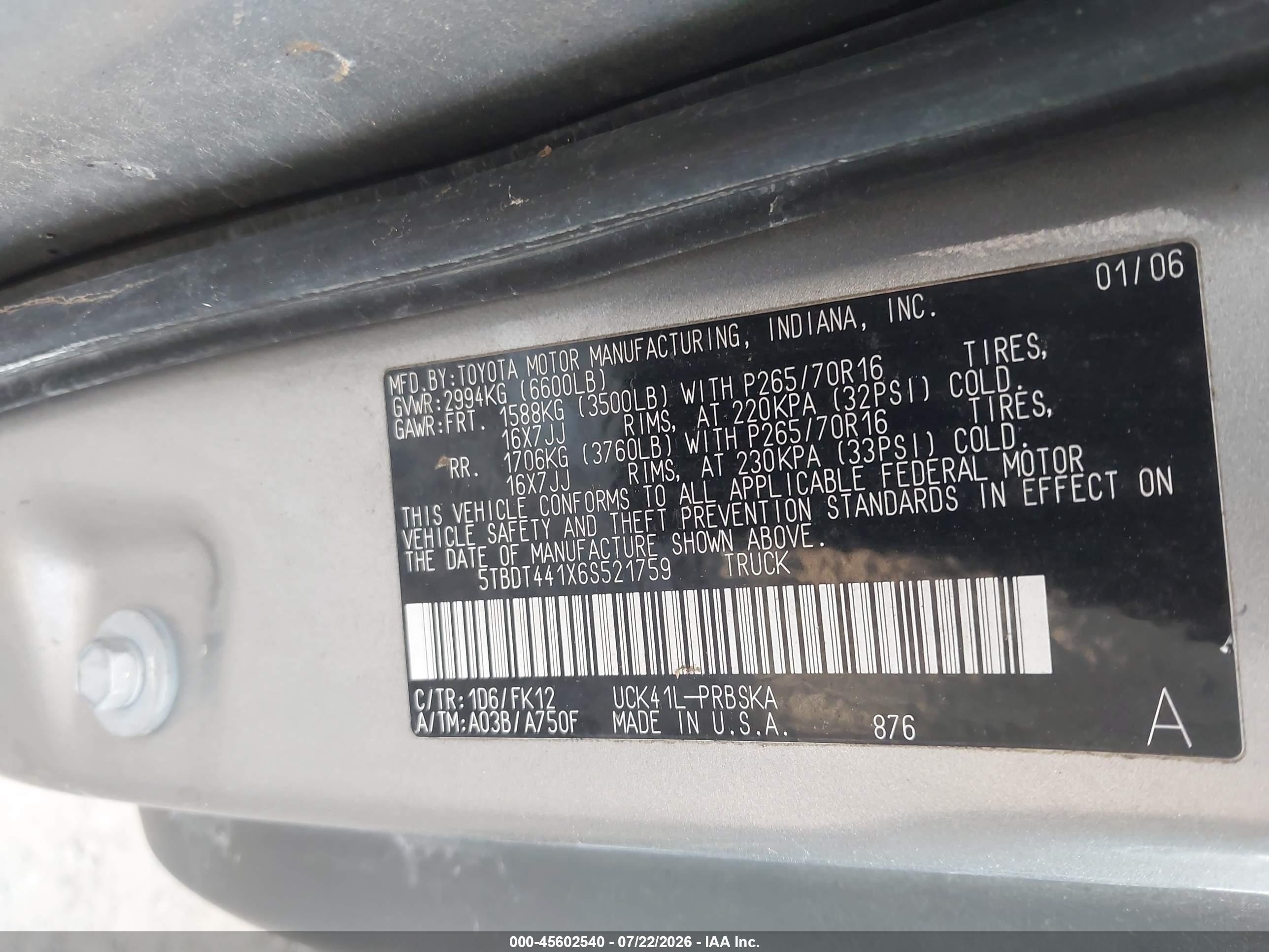 2006 Toyota Tundra Sr5 V8 Silver vin: 5TBDT441X6S521759