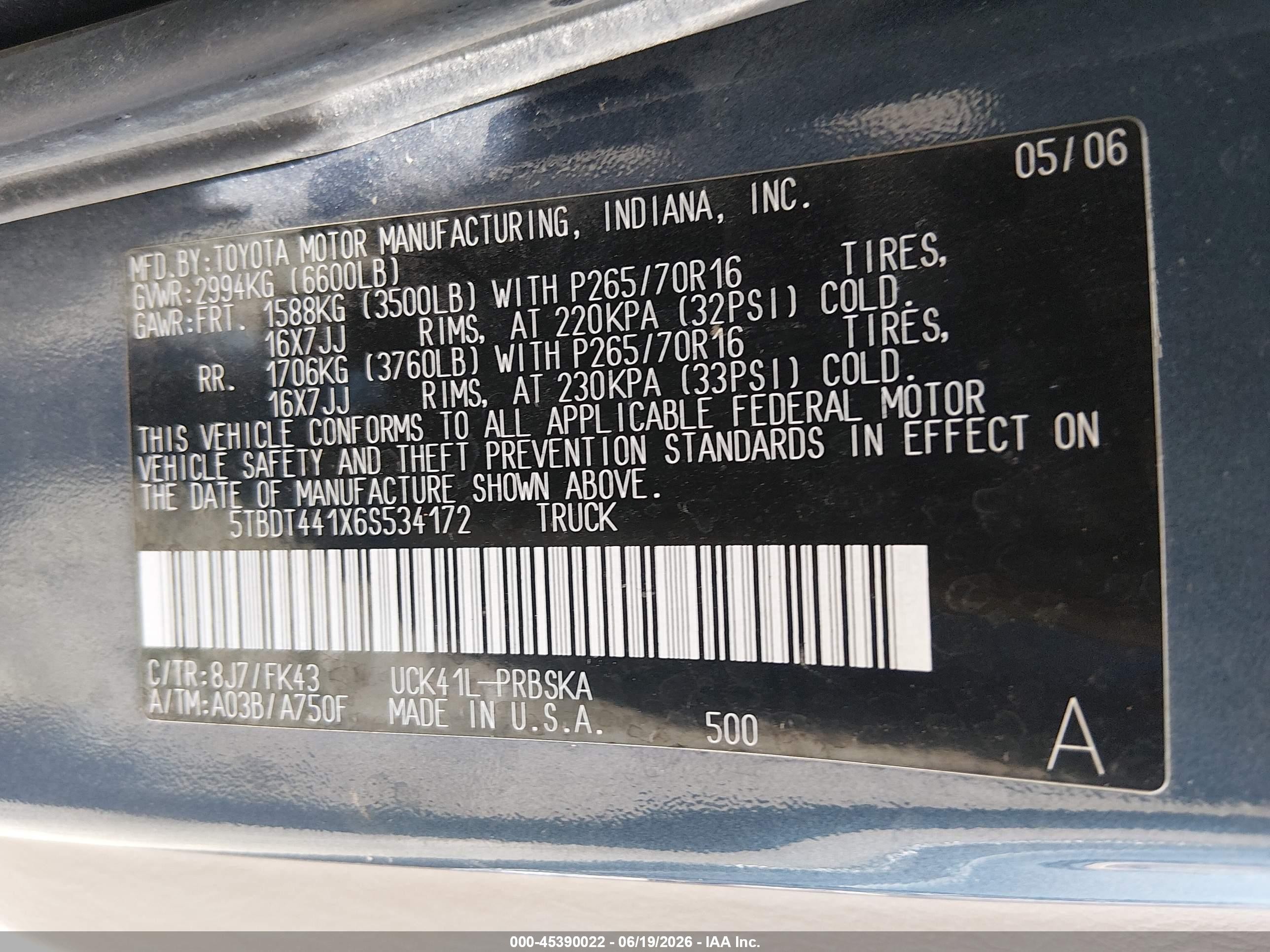 2006 Toyota Tundra Sr5 V8 Light Blue vin: 5TBDT441X6S534172