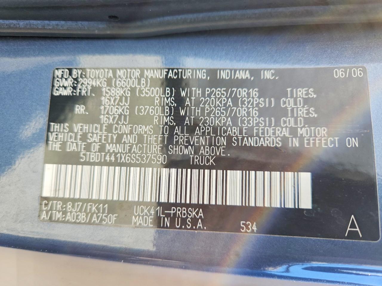 2006 Toyota Tundra Sr5 Teal vin: 5TBDT441X6S537590