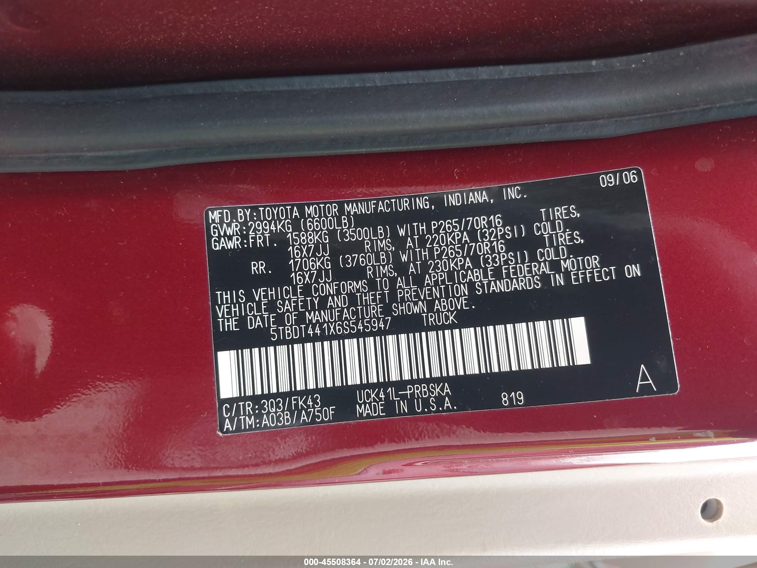 2006 Toyota Tundra Sr5 V8 Red vin: 5TBDT441X6S545947