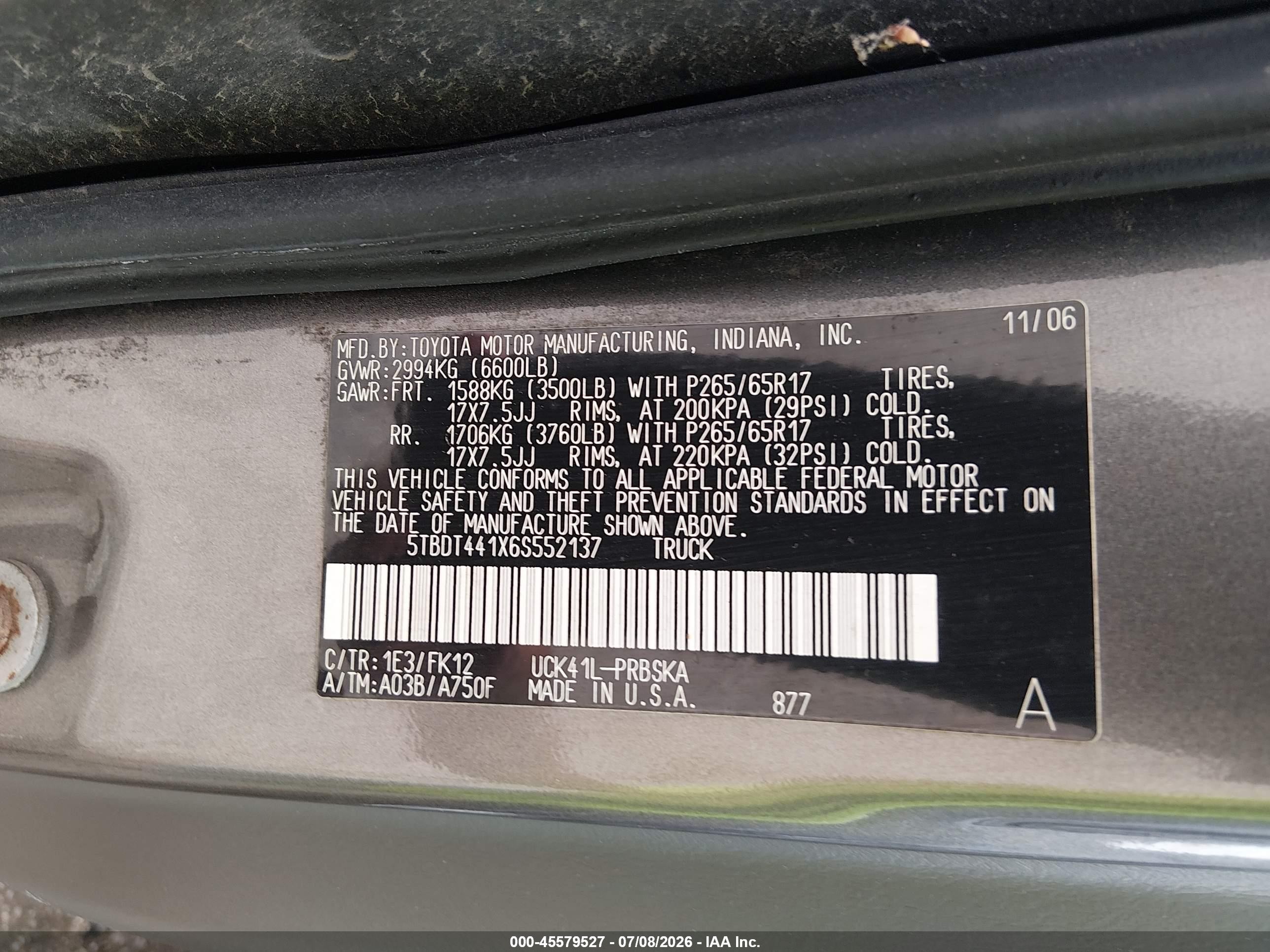 2006 Toyota Tundra Sr5 V8 Gray vin: 5TBDT441X6S552137