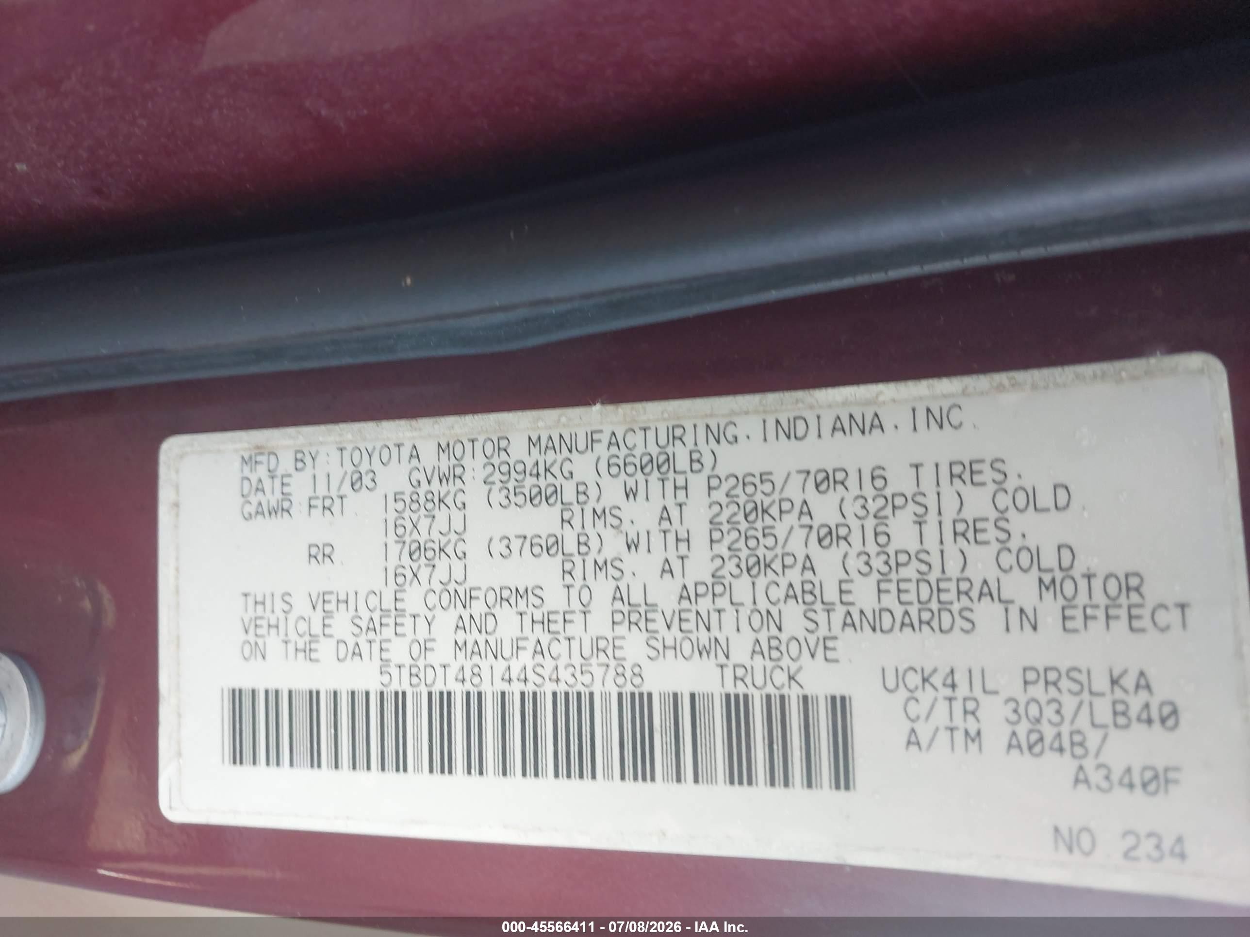 2004 Toyota Tundra Limited V8 Red vin: 5TBDT48144S435788
