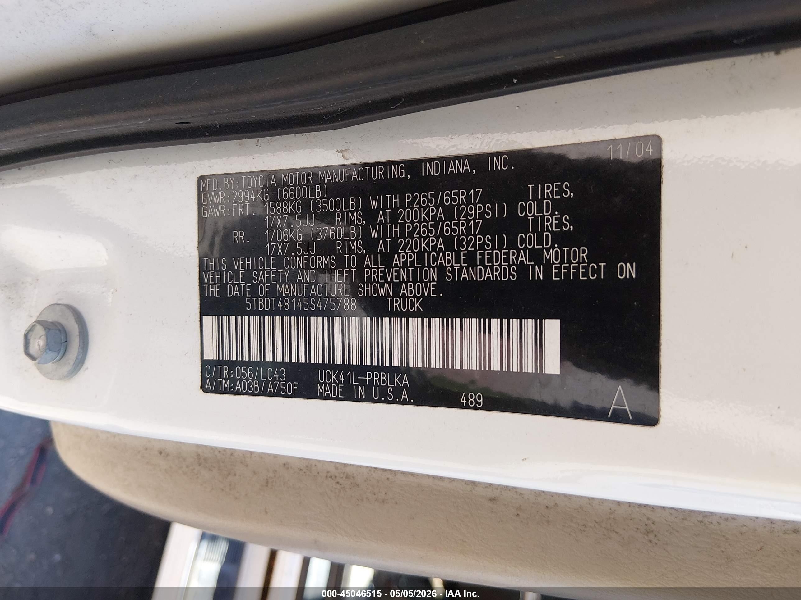2005 Toyota Tundra Limited V8 White vin: 5TBDT48145S475788