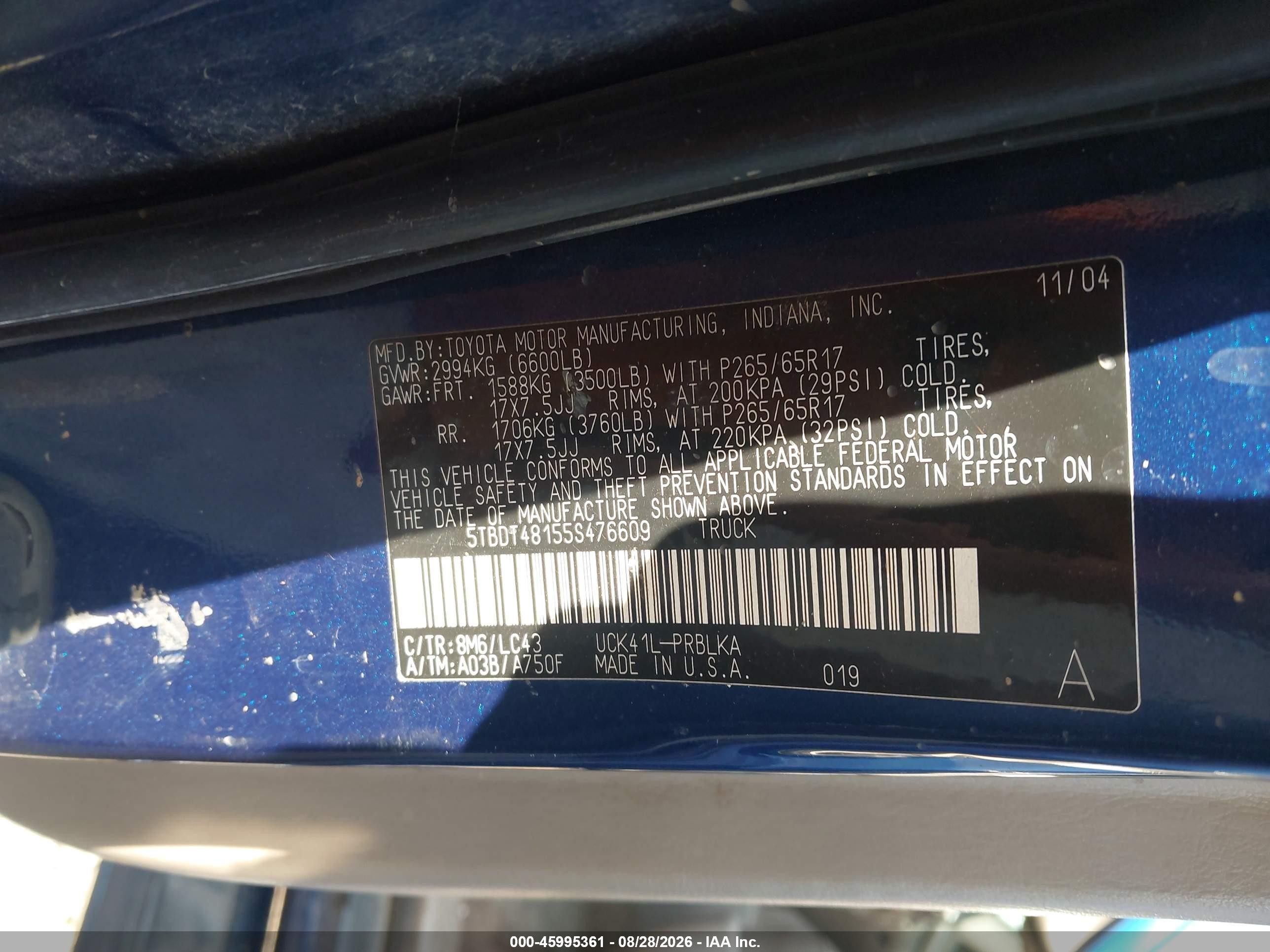2005 Toyota Tundra Limited V8 Blue vin: 5TBDT48155S476609
